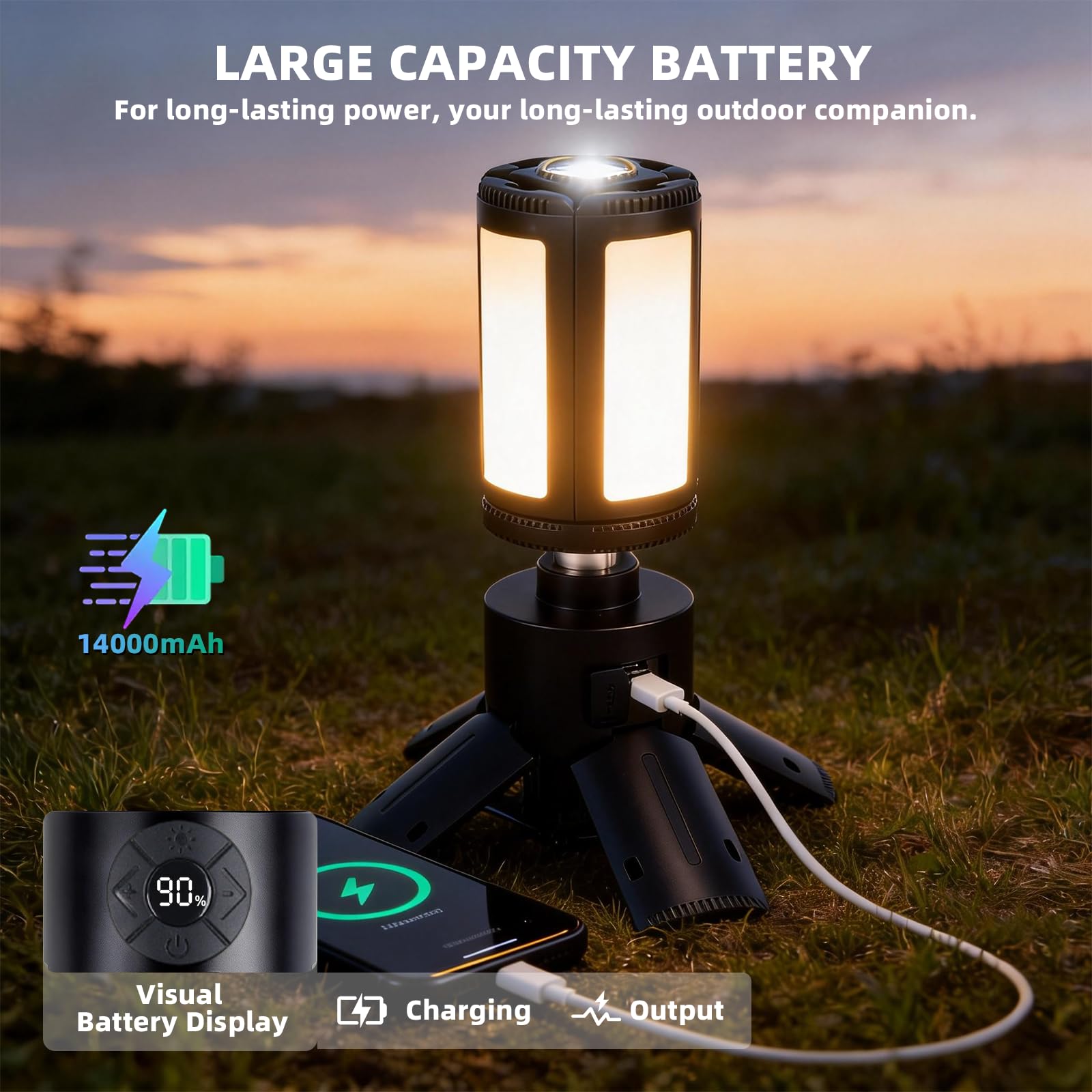 aiGear Luces telescópicas de camping, luces de camping recargables con soporte, 14000 mAh, linternas plegables de camping, linternas portátiles IPX5 impermeables para camping, senderismo, pesca, uso