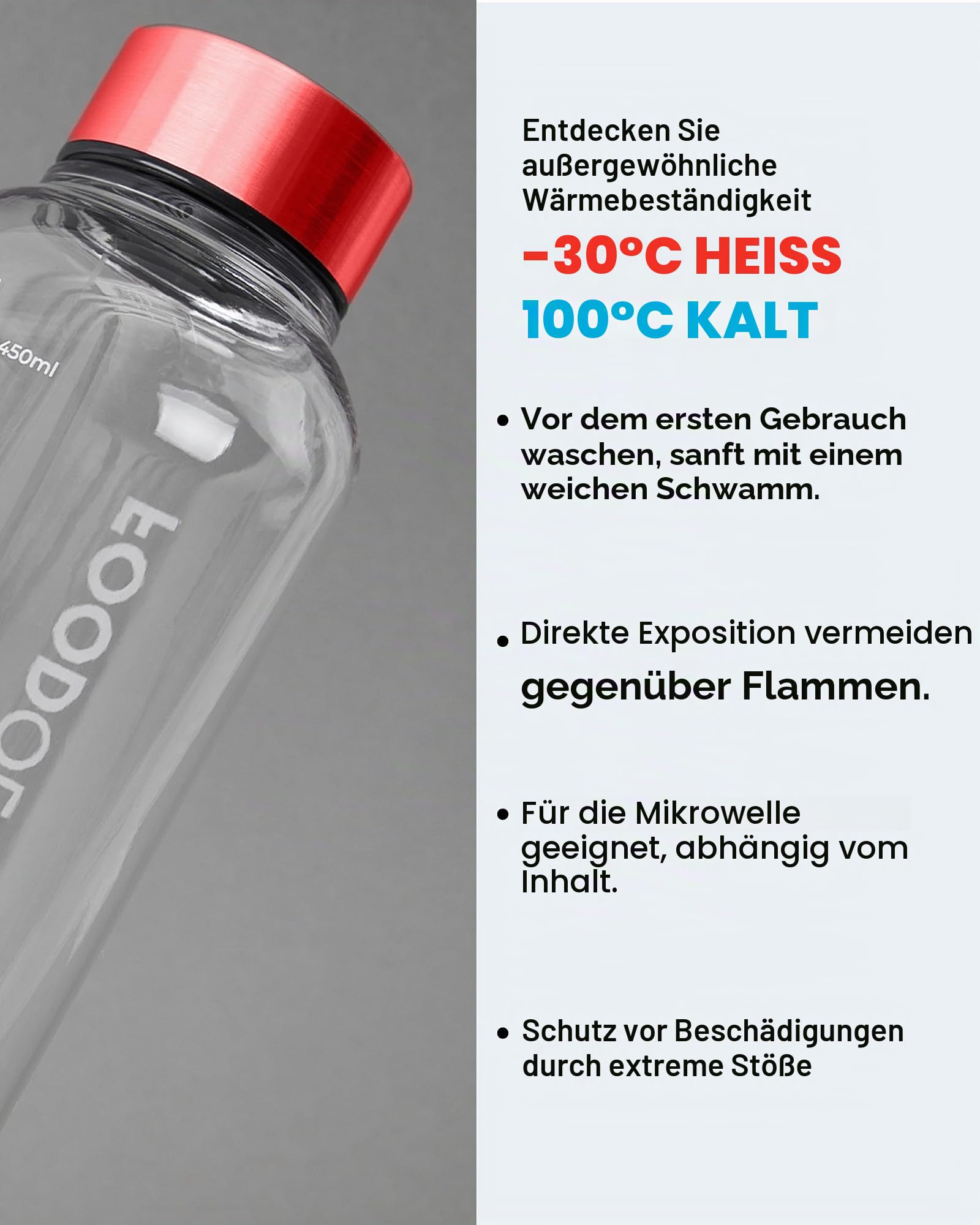 FOODOLOGY Trinkflasche für Getränkemix, auslaufsicher, leicht, langlebig, Sport-Trinkflasche, wiederverwendbar, für Fitnessstudio, Outdoor, Reisen, BPA-frei, transparent, mit Marker