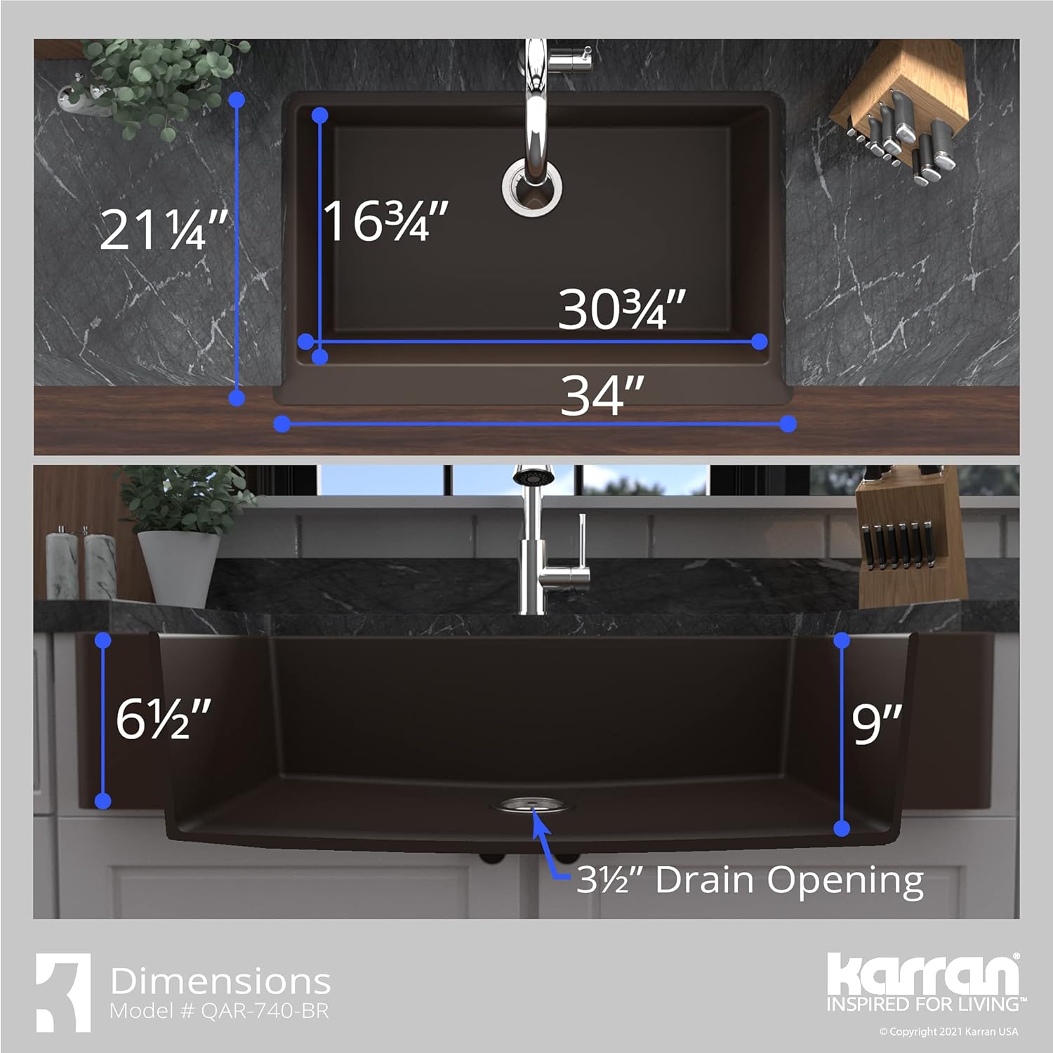 Karran QAR-740 Retrofit Farmhouse/Apron-Front Quartz Composite 34 in. Single Bowl Kitchen Sink Kit in Brown