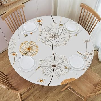 Dandelion Waterproof Round Tablecloth - Stretch Elastic Fits 40-44 Inch Tables, Thick Polyester Fabric for Indoor/Outdoor Use