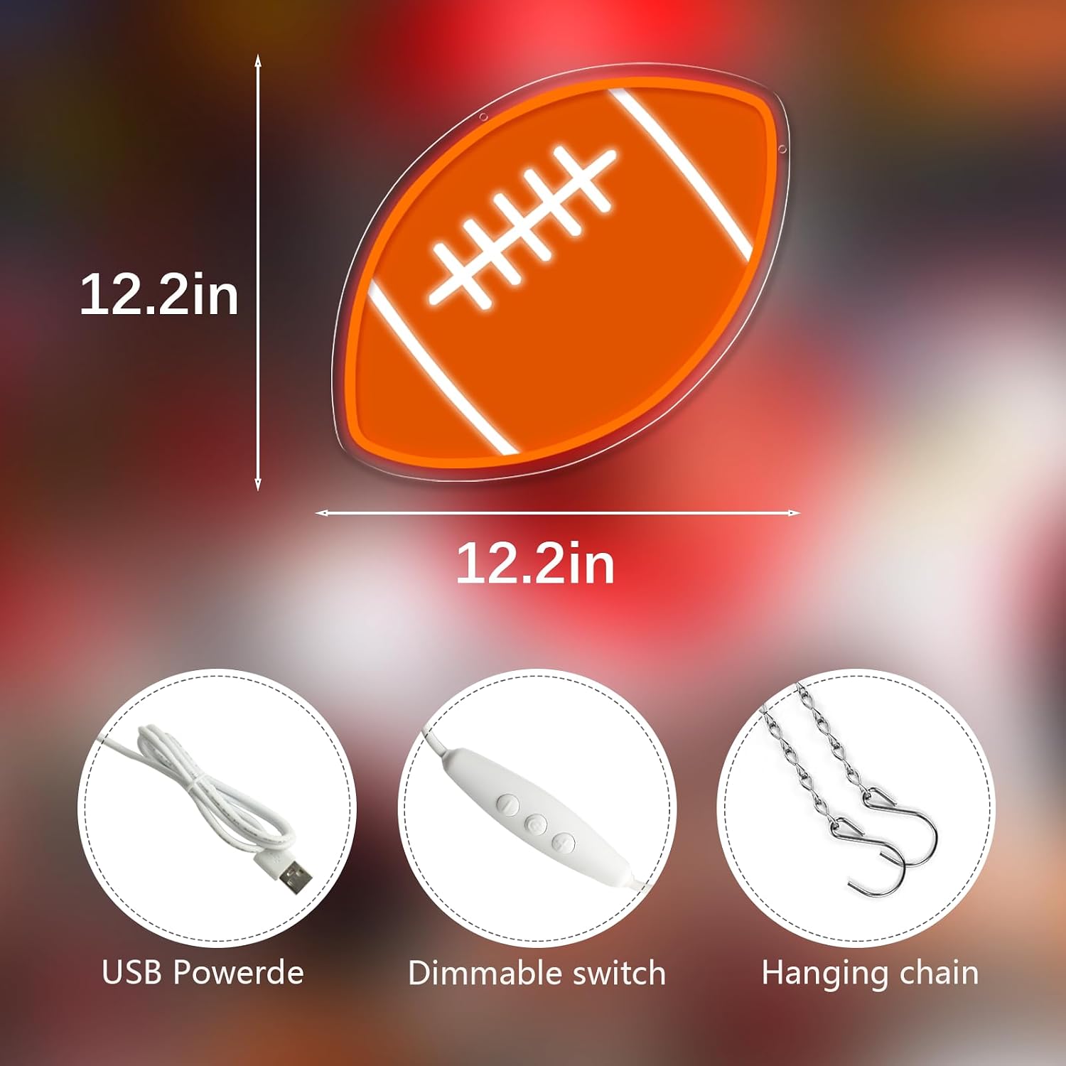 Rugby Neon LED Wall Sign,UV Printed Rugby neon Light 12.2x12.2 Inches, Orange & White, Ideal for Bedrooms, Kids' Rooms, Rugby Game Rooms, College Parties