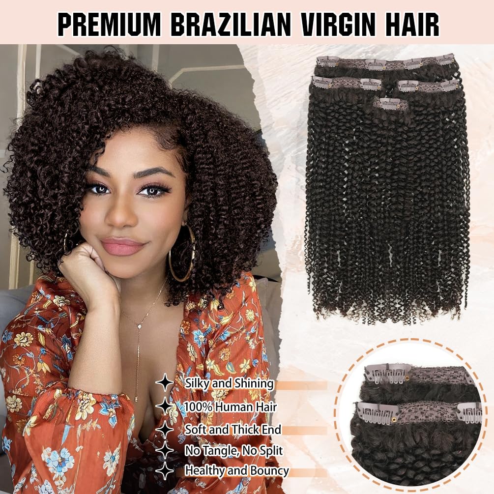 4Pcs Afro Kinky Curly Clip in Hair Extensions Real Human Hair, 12 Inch 60g Dark Brown, Lace Invisible Seamless & Thicken, 4B 4C Remy Clip Ins for Women
