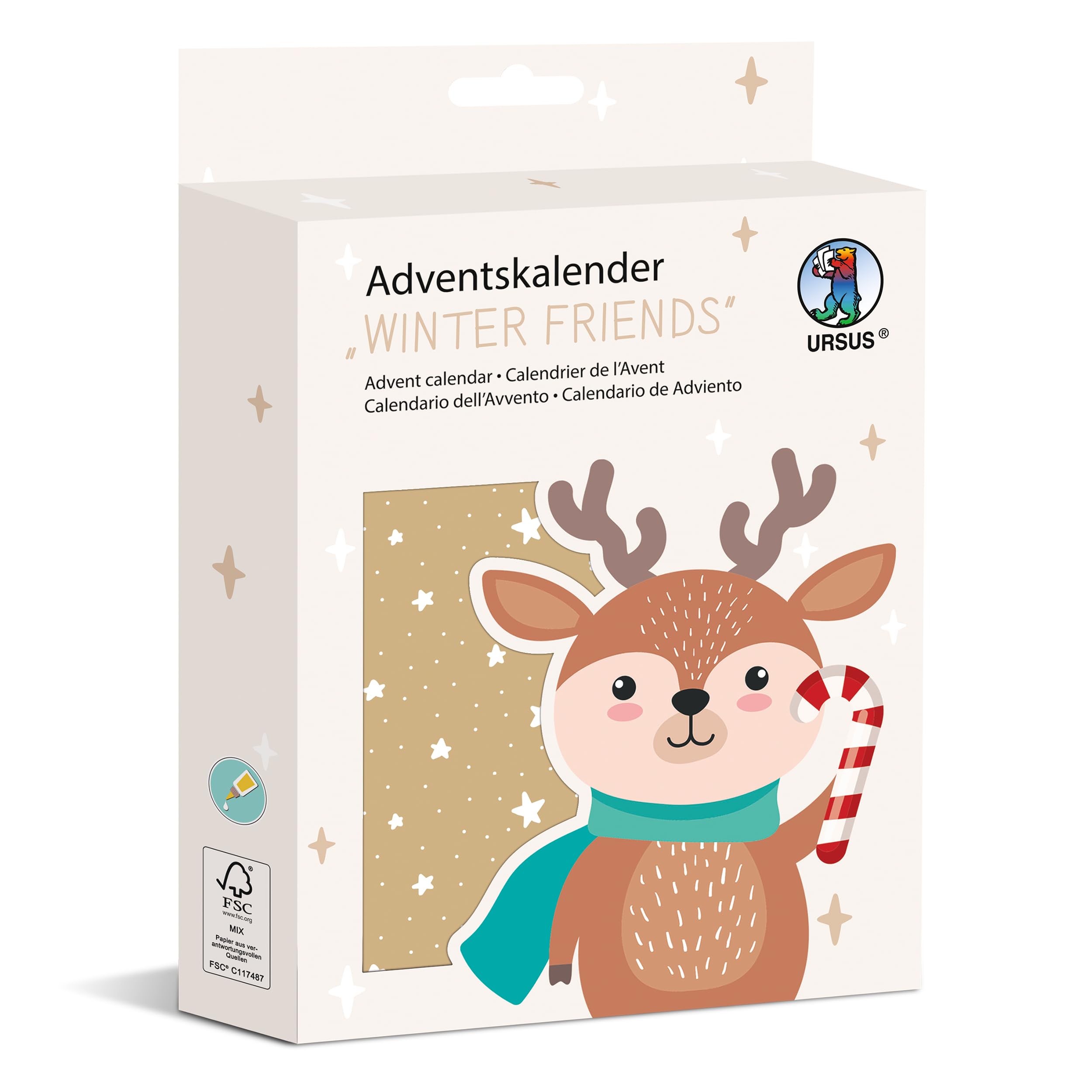 Ursus 2487 00 00F Advent Calendar "Winter Friends", 24 Kraft Paper Bags, Includes Stickers and Wooden Clothes Pegs, DIY Set for Advent Calendar Crafts