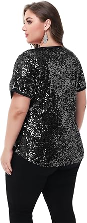 Anna-Kaci Women's Sequin Tops Plus Size Round Neck Sparkle Glitter Short Sleeve Party Tunic Blouse