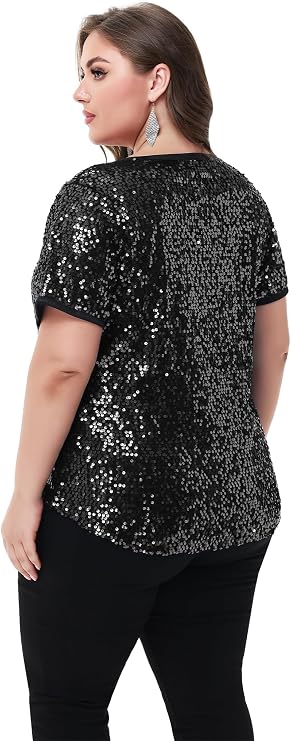 Anna-Kaci Women's Sequin Tops Plus Size Round Neck Sparkle Glitter Short Sleeve Party Tunic Blouse