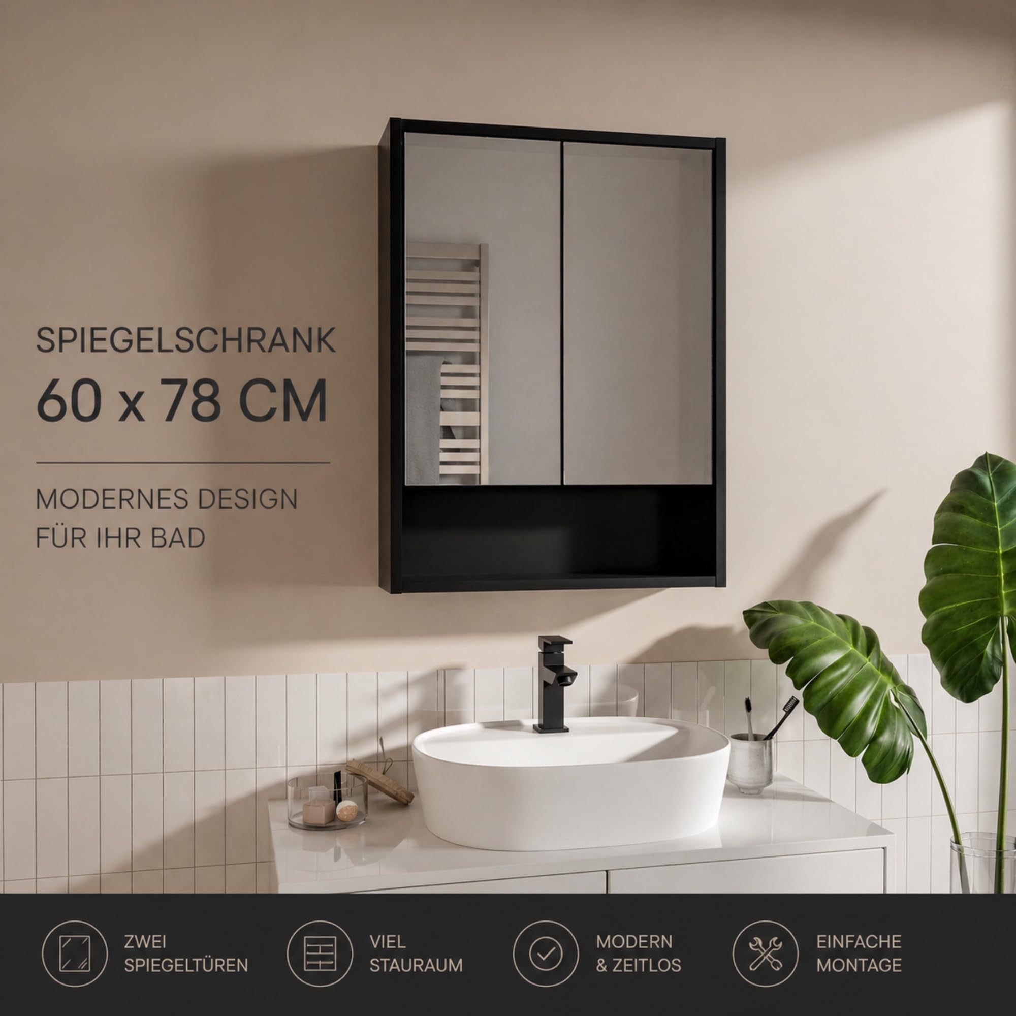Szafka Łazienkowa z Lustrem LED 60x78 cm Czarna 4000K z Gniazdkiem i Włącznikiem Wisząca Szafka do Łazienki ze Szklanymi Półkami