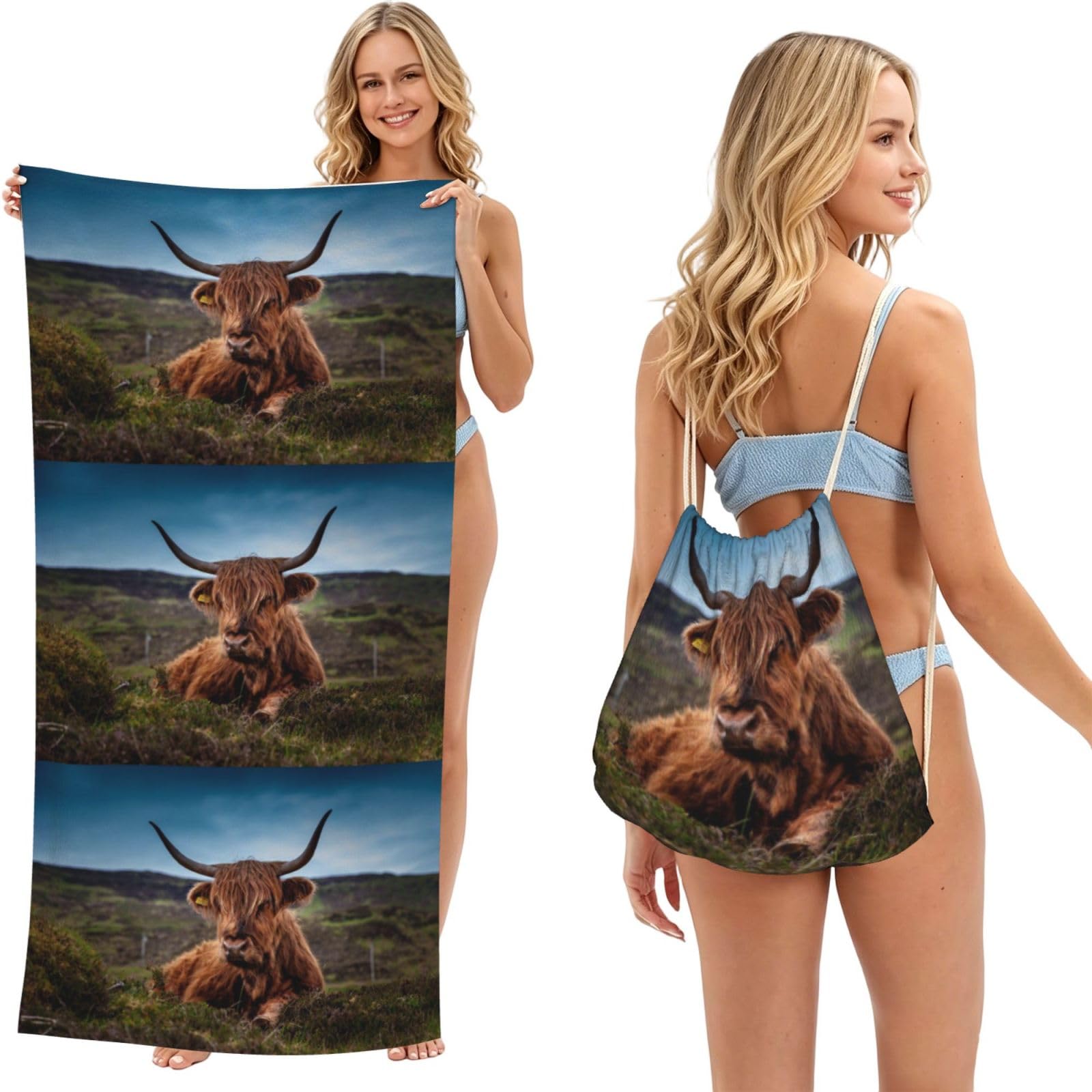 Poadnly As Picture Highland Cow, 2 In 1 Packable Towel Bag, Beach Towels With Drawstring Backpack For Travel Holiday Camping