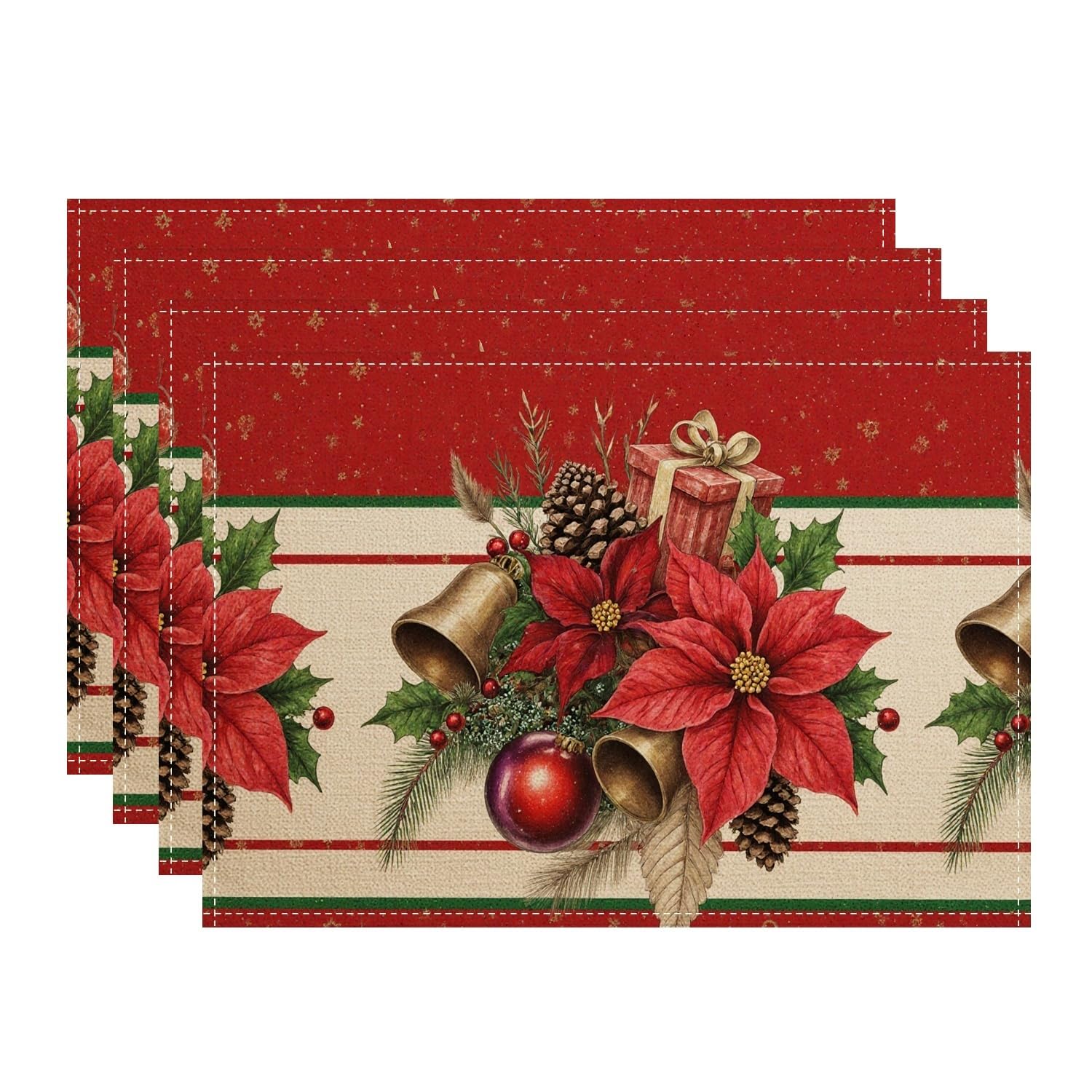 Christmas Poinsettia Placemats, Festive Vintage Floral Place Mats for Dining Table, Holiday Non-Slip Washable Indoor Outdoor Kitchen Party Decorative Placemat Set of 4