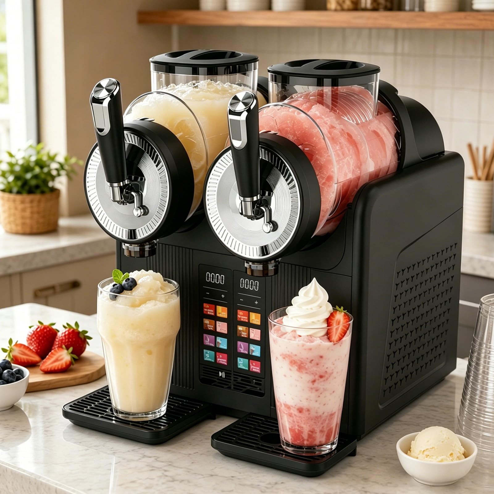Máquina de Granizados, Máquina de Helado Soft 2 en 1 y Granizadora, Máquina de Bebidas Frías con Doble Depósito y 6 Programas, para Batidos, Granizados, Helado, Casa, Cafetería y Bar Black