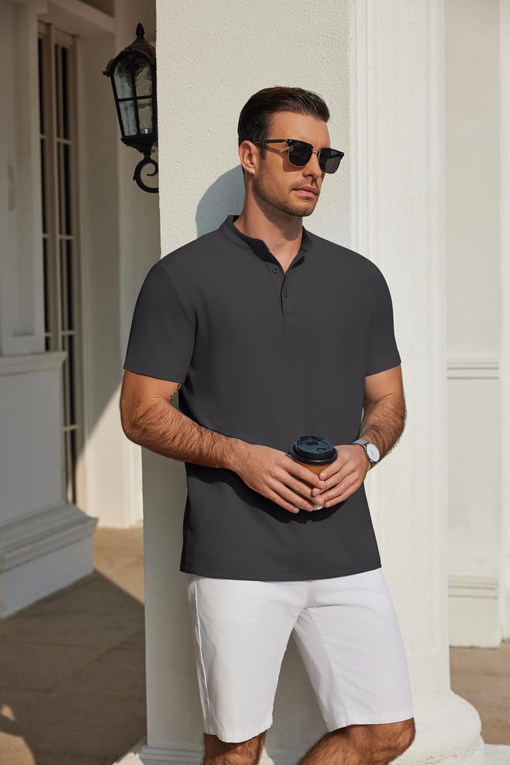 COOFANDY Men's Casual Henley Shirt Short Sleeve Cotton Pique Band Collar Shirt Summer Button Basic Tee Shirts - Image 2