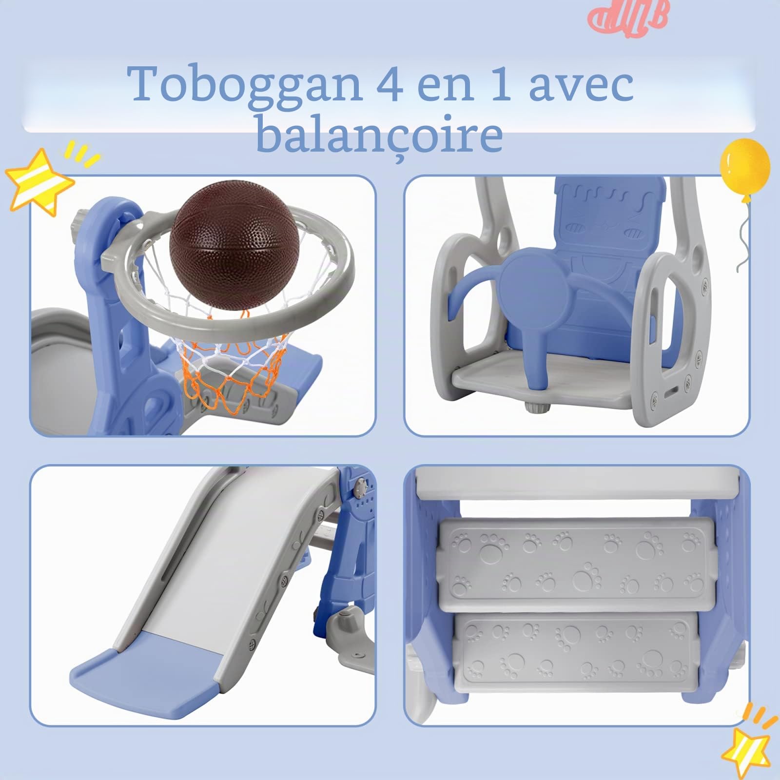 DADEA Toboggan 4 en 1 pour Enfants avec Panier, Toboggan et Balançoire pour Enfants de Plein Air Bleu, Balançoire et Toboggan pour Enfants pour la Maison, 140×118×82 cm, Convient pour une utilisation