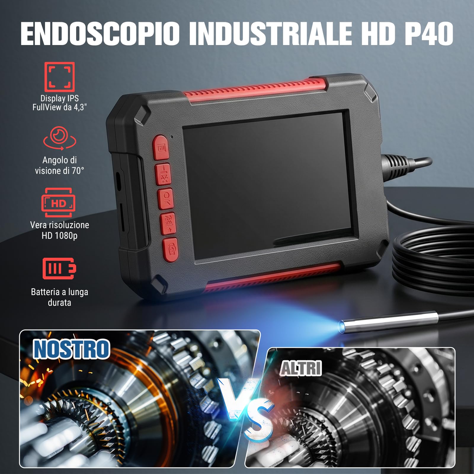 Endoscopio Industriale P40, Fotocamera Borescope 3,9 Mm con Telecamera di Ispezione HD 4,3 ", 1080p HD, IP67 Impermeabile per Motore Automobilistico, Gasdotto, Sistemi di (5m)