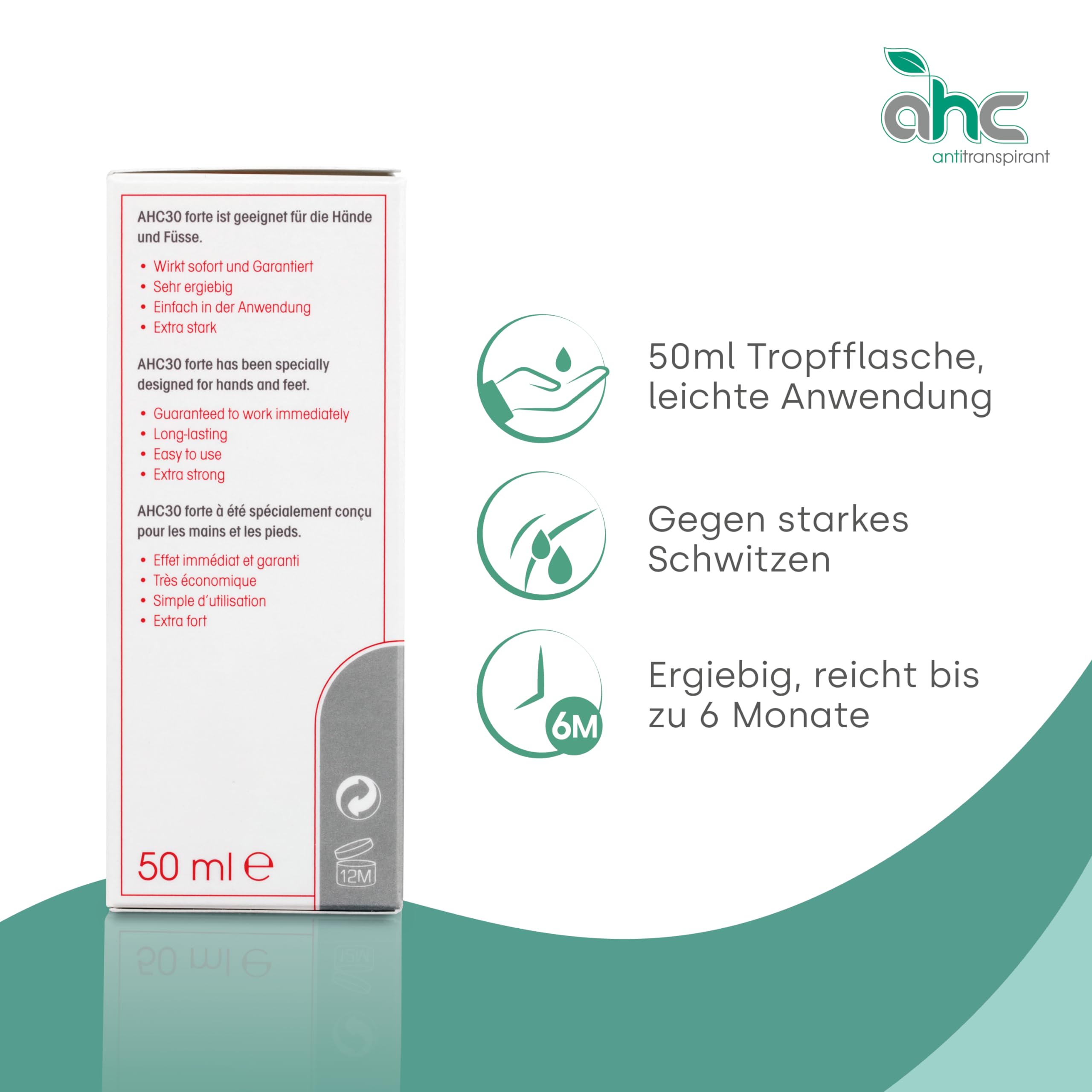 AHC FORTE Antitranspirant Tropfflasche 50ml gegen Schwitzen an Händen & Füßen - Antiperspirant mit Pflanzenextrakten gegen Handschweiß & Fußschweiß