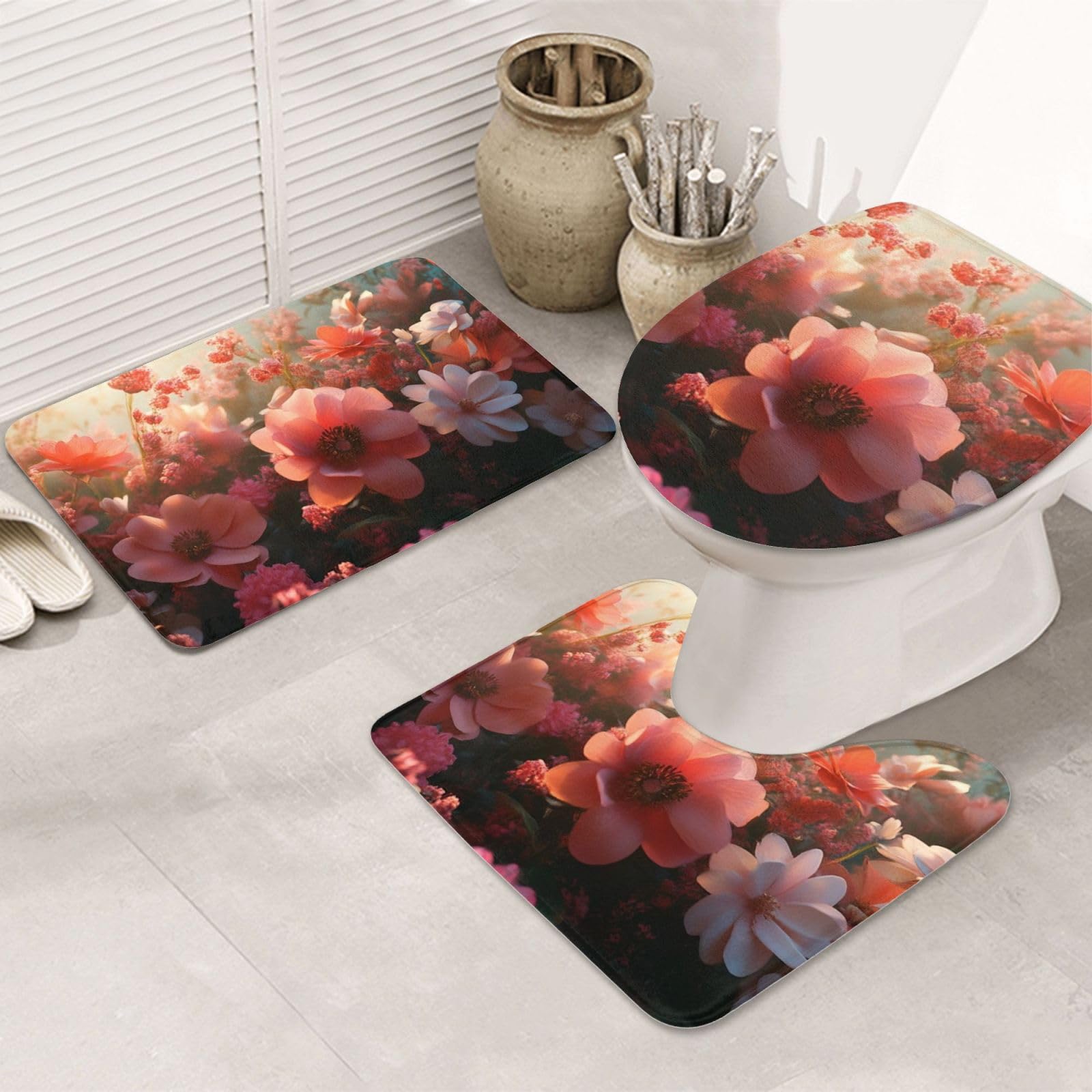 The Cluster Of Red Flowers In The Sunlight - Set di 3 tappeti da bagno in memory foam, morbidi e assorbenti a forma di U, decorazione per la casa, asciugatura rapida