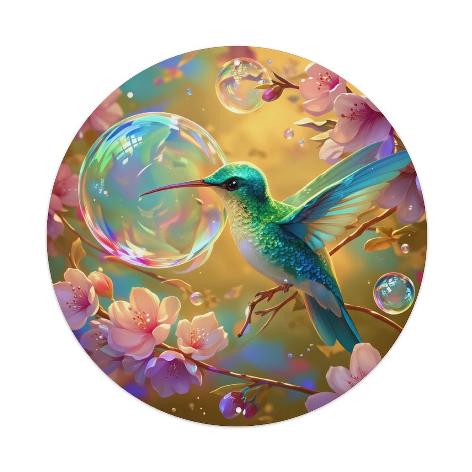 Hummingbird Bubble Cherry Blossom Spring Magic Round Tin Sign Vintage Metal Poster, Home Bar Garage Man Cave Cafe Indoor & Outdoor Wall Decoration 8x8Inches