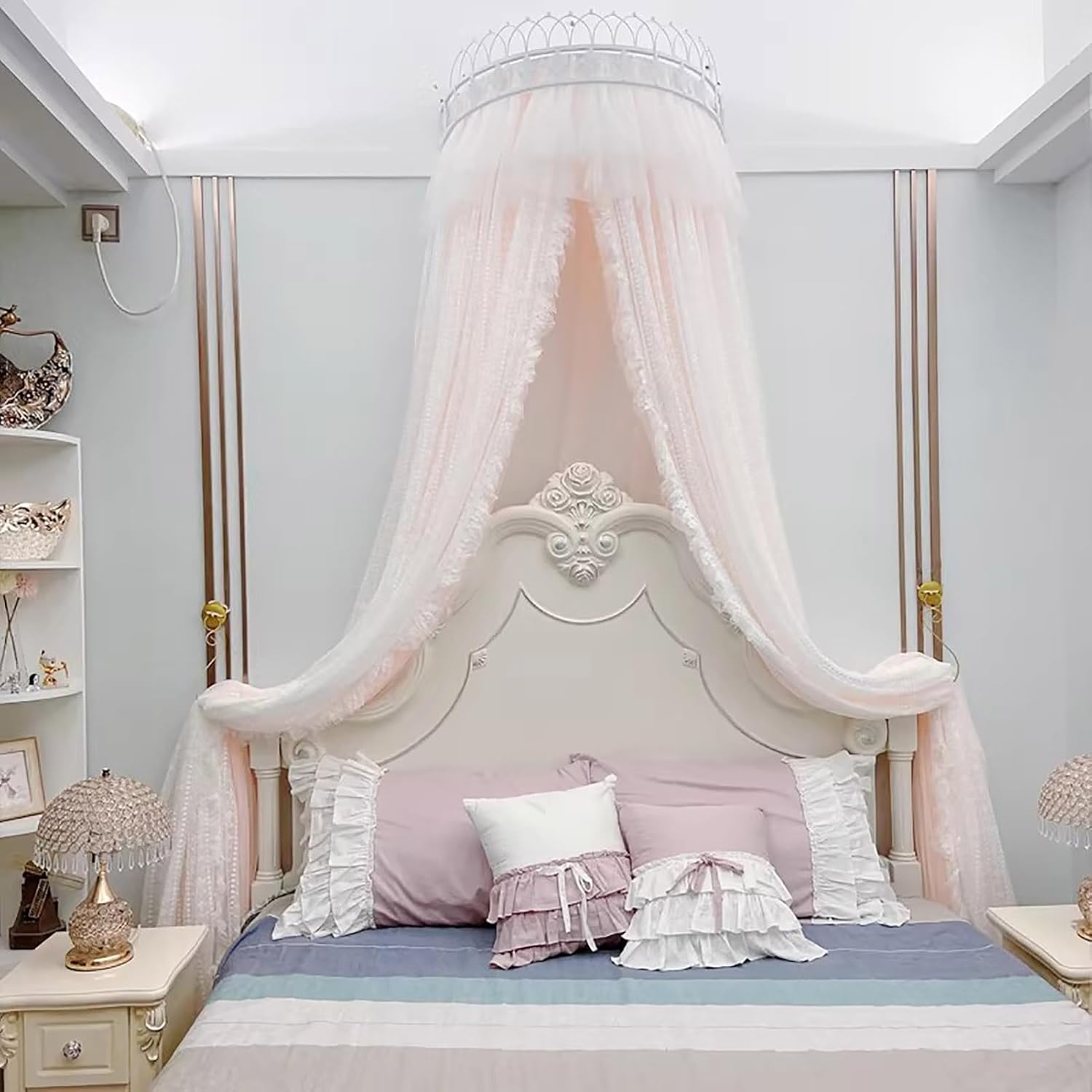 BK&MF Luxury Princess Bed Canopy for Girls,Double Layer Drape Netting Bed Curtain, Children Dreamy Mosquito Net Reading Nook Canopy for Kids Room,Jade,150cm(60") Queen