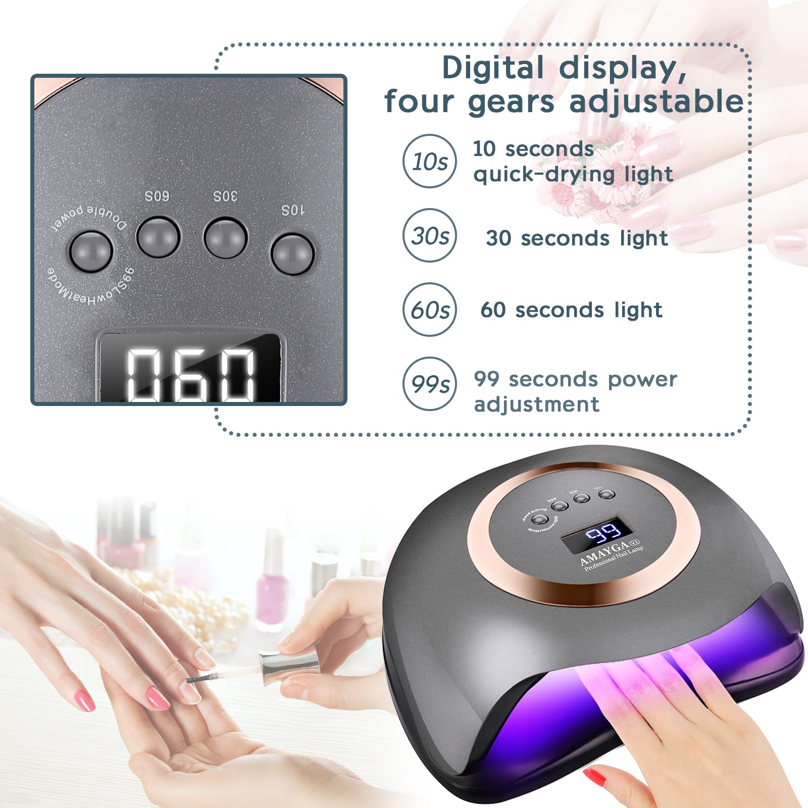 Lampada Unghie UV LED,168W Fornetto per Manicure/Pedicure Permanente Smalto Semipermanente 4 Timer con 10s/30s/60s/99s Display LED Automatico Sensore