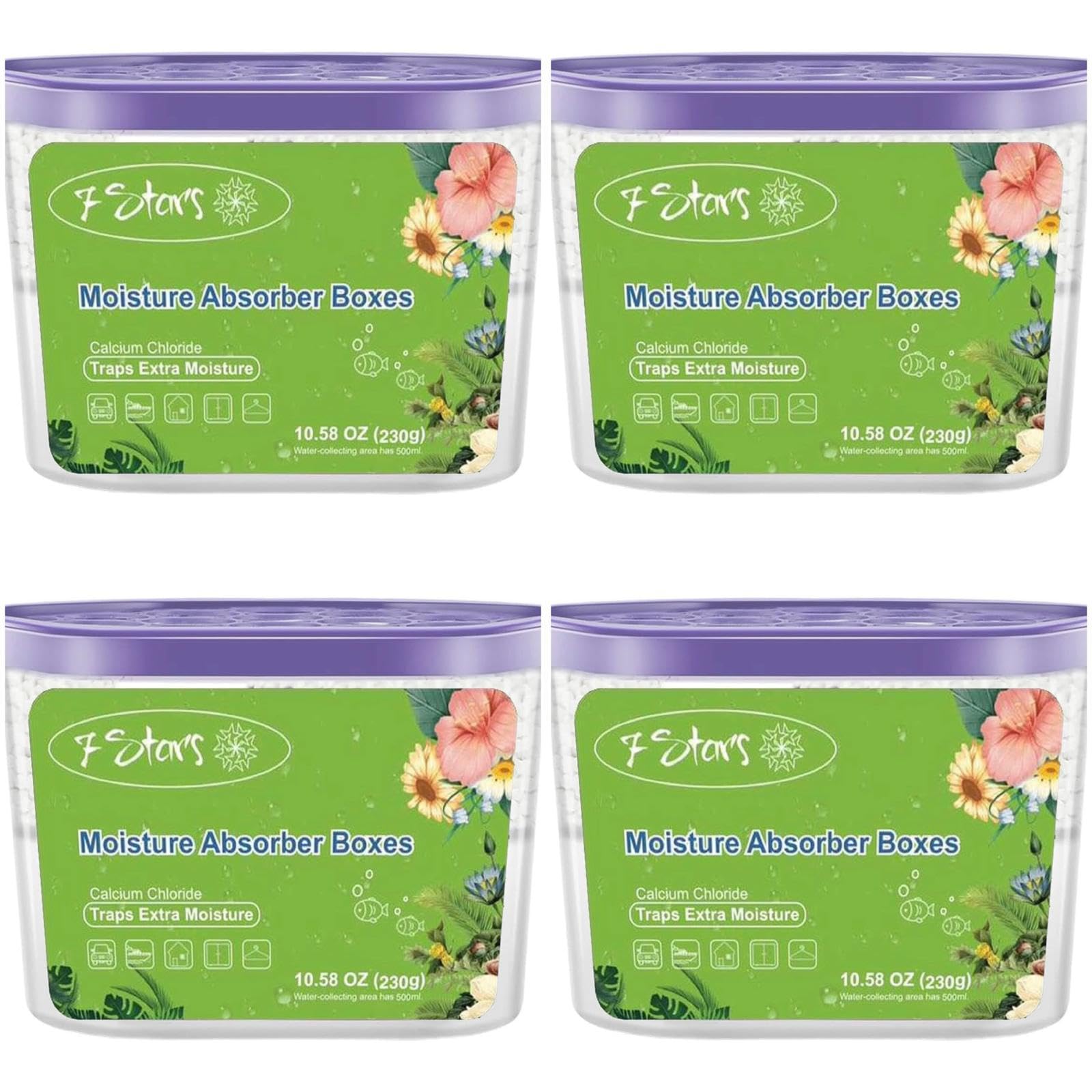 7STARS® Deshumidificador 500ml(Pack de 4) Elimina Condensación, Antihumedad, Olor Lavanda, Desechable,Gránulos, Respetuoso, Elimina la Humedad, Coche, Armario, Camper, Baños, Garage, Caravana