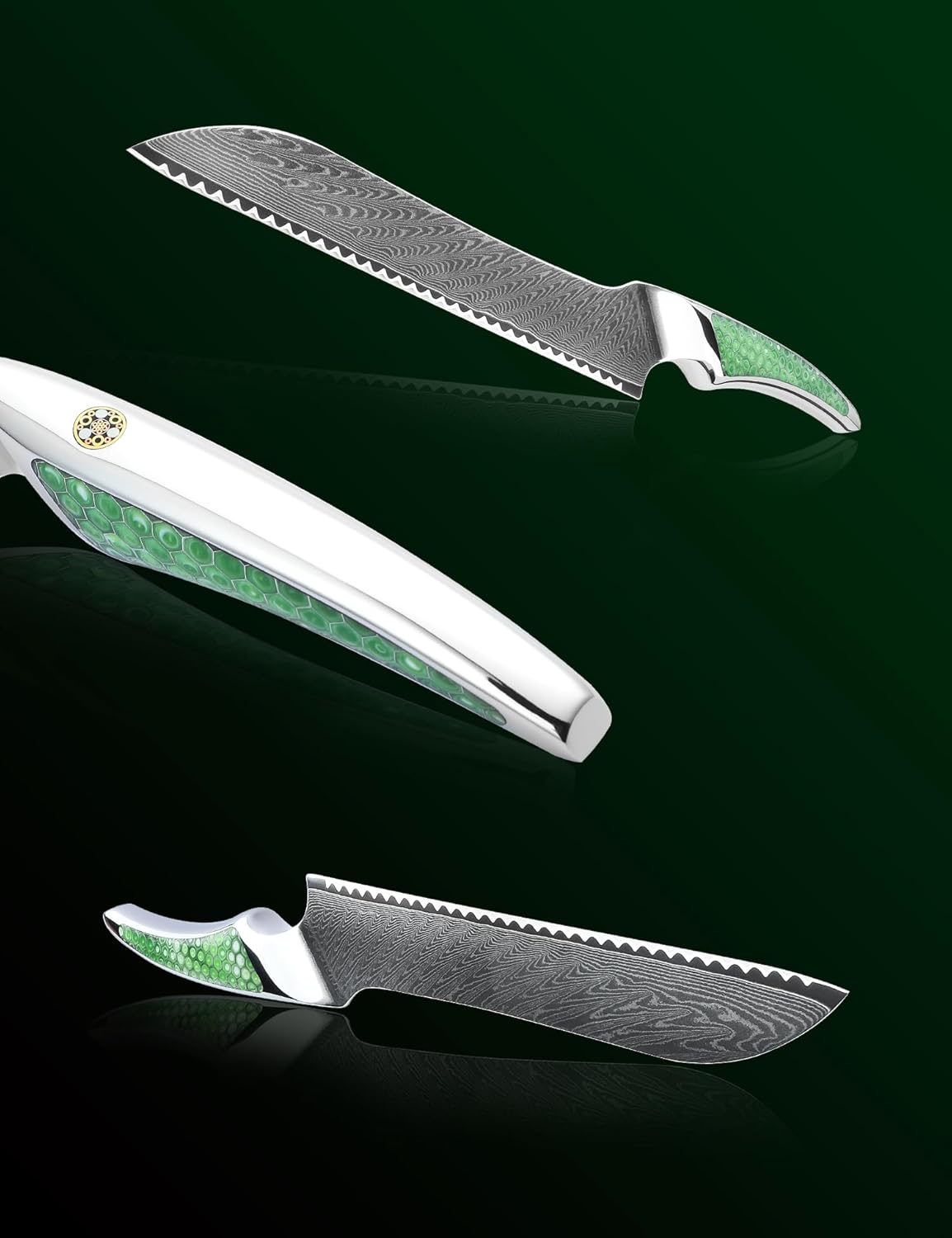 8 inch Serrated Bread Knife, Japanese VG-10 Damascus Steel Kitchen Knife, Ultra Sharp Bread Cutting Knife with Full-tang Handle in Green Resin, LA-S9 Series - Image 5