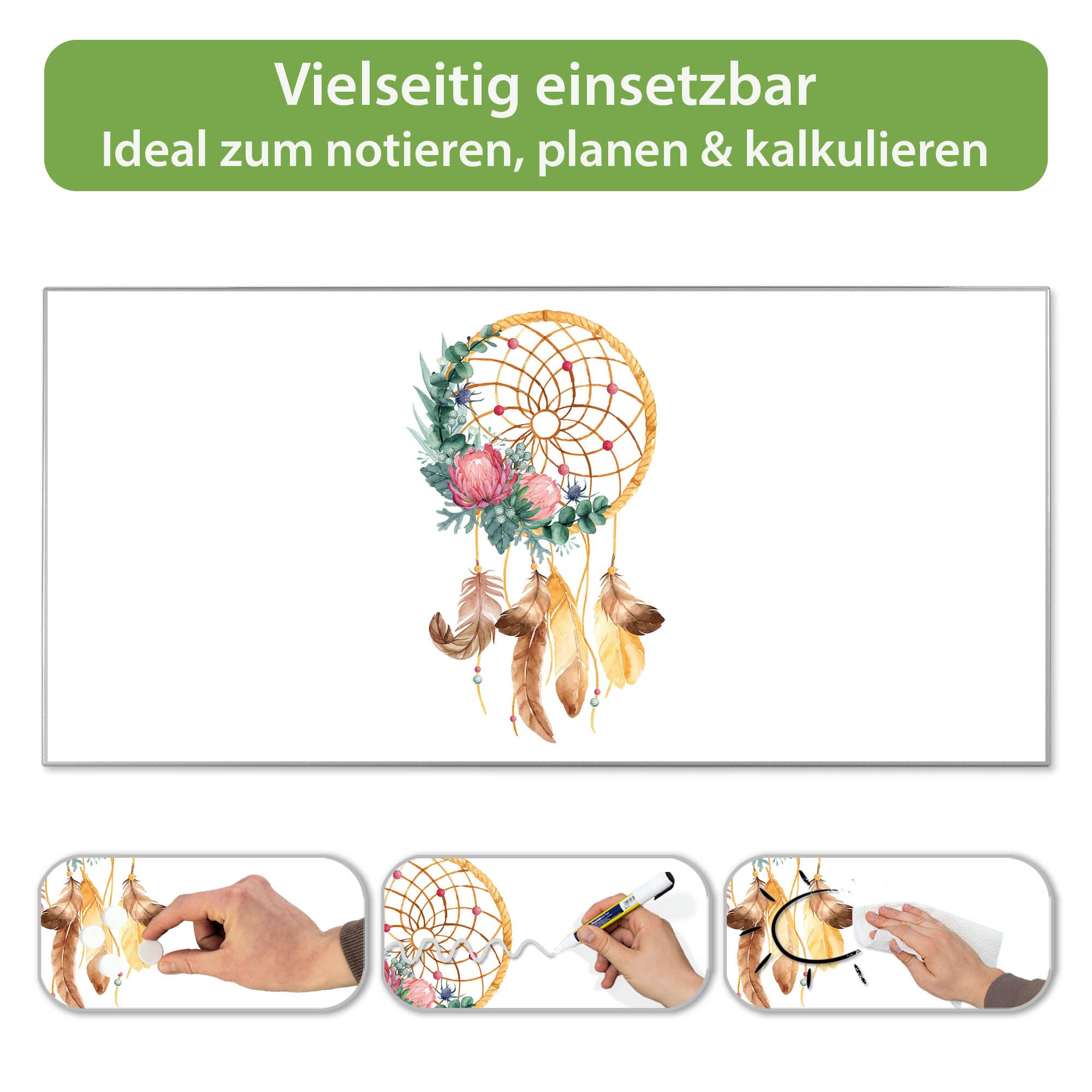 banjado Magnettafel Metall 78 x 37cm - beschreibbare Magnettafel - Metall Pinnwand als Memoboard - Magnetwand Küche, Büro, Kinderzimmer Grau inkl. 4 Magnete & Montageset - Motiv Traumfänger Federn u