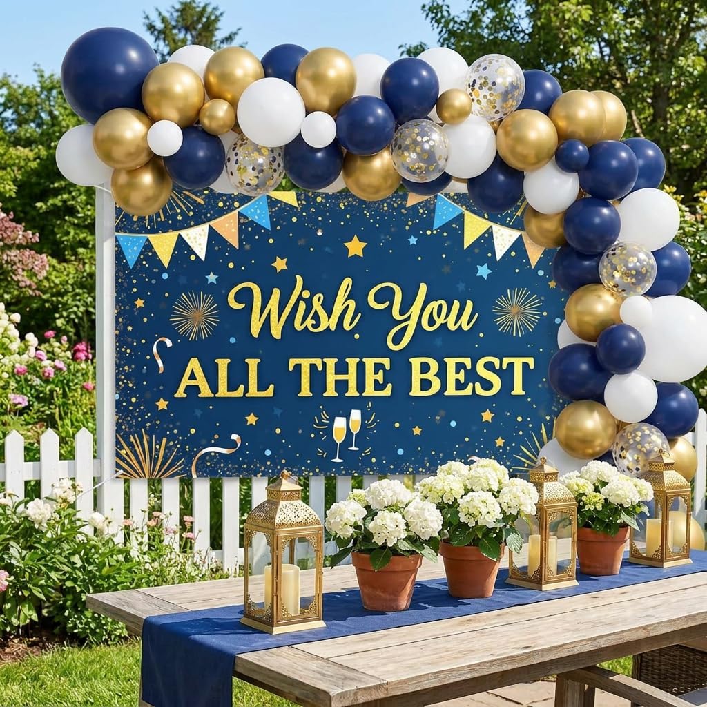 Wish You All the Best Banner Backdrop, Blue Gold Starry Retirement Decor image 3