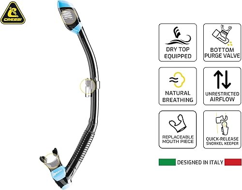 Vista 4 de Cressi Adult Diving Dry Snorkel with Splash Guard and Top Valve - Supernova Dry: Designed in Italy Aguamarina translúcida.