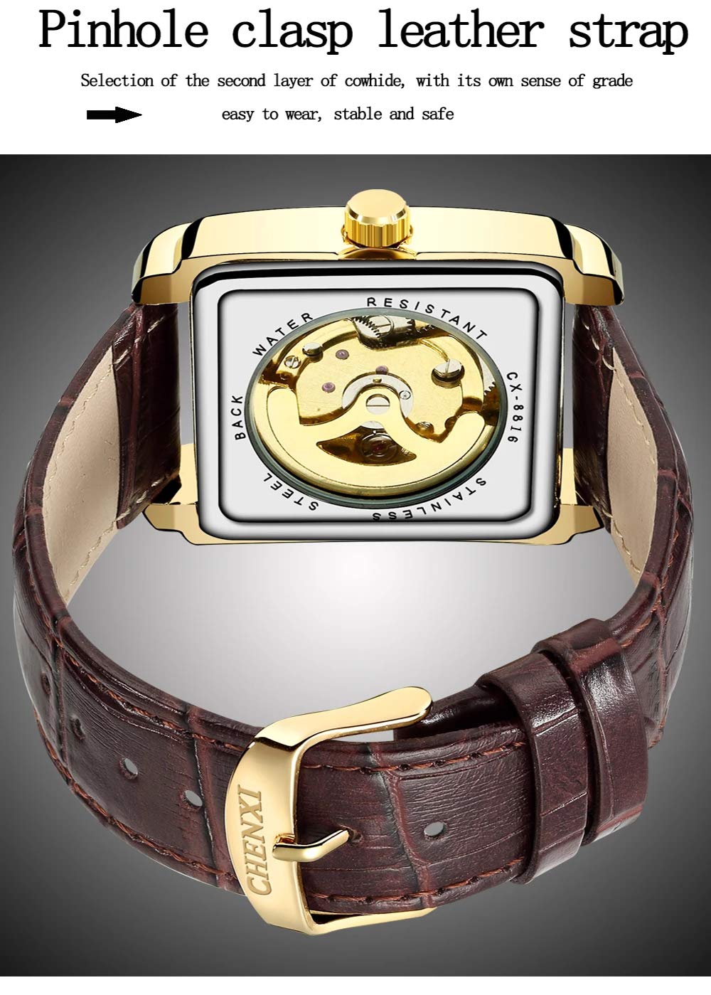 MASTOP Reloj de pulsera analógico para hombre, de piel, impermeable, con diseño de esqueleto Tourbillon