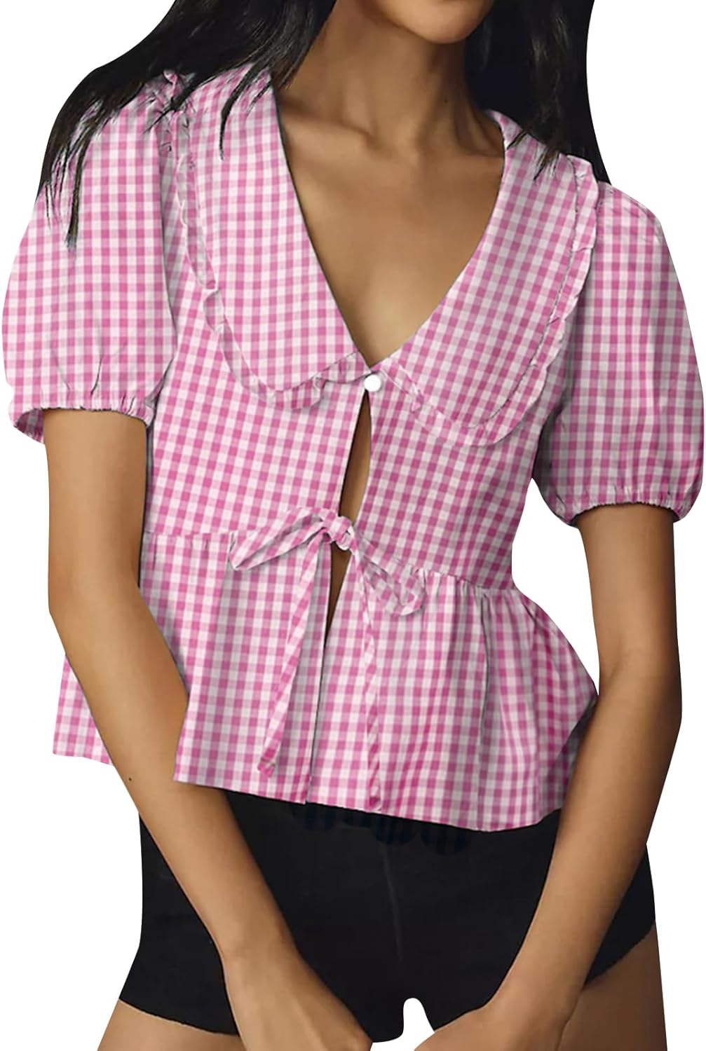 Womens Peter Pan Collar Blouse Babydoll Shirt 2025 Puff Short Sleeve Tie Front Peplum Blouse Going Out Tops