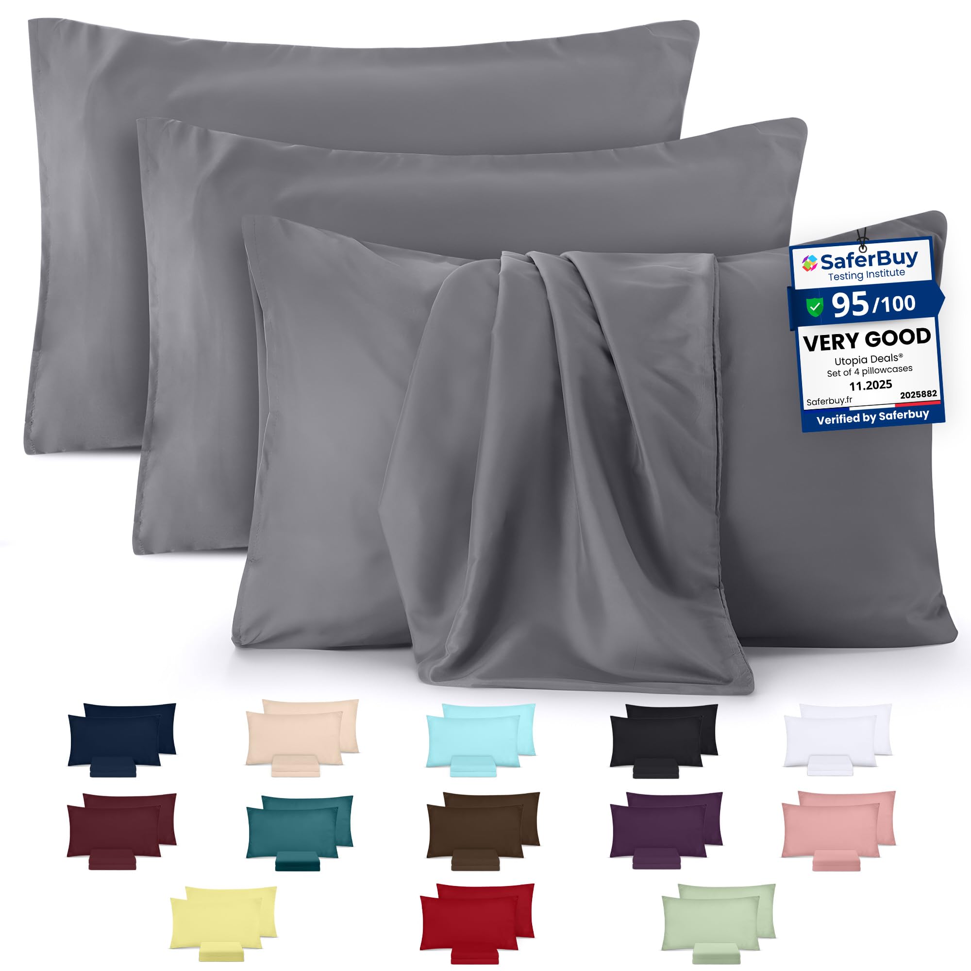 Utopia Bedding - 4 Pack Pillow Cases - OEKO-TEX - Standard Size 50x75 cm - 100% Brushed Microfiber Pillowcases with Envelope Closure, pillows not included - Wrinkle, Fade, & Stain Resistant - Grey