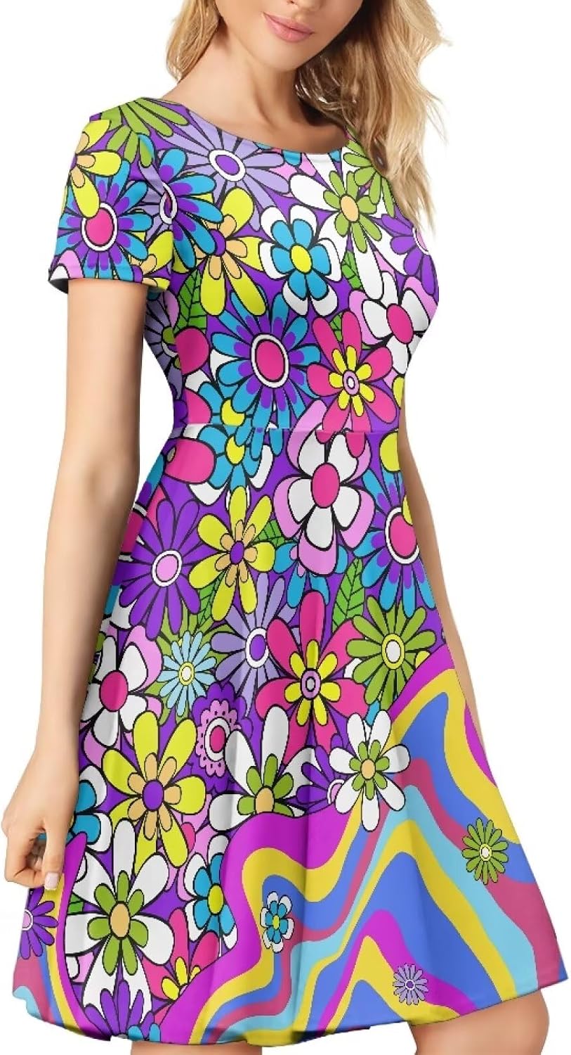 POLERO Sunflower Dress for Women Floral Summer Dresses Short Sleeve Casual Sundresses Midi Dresses