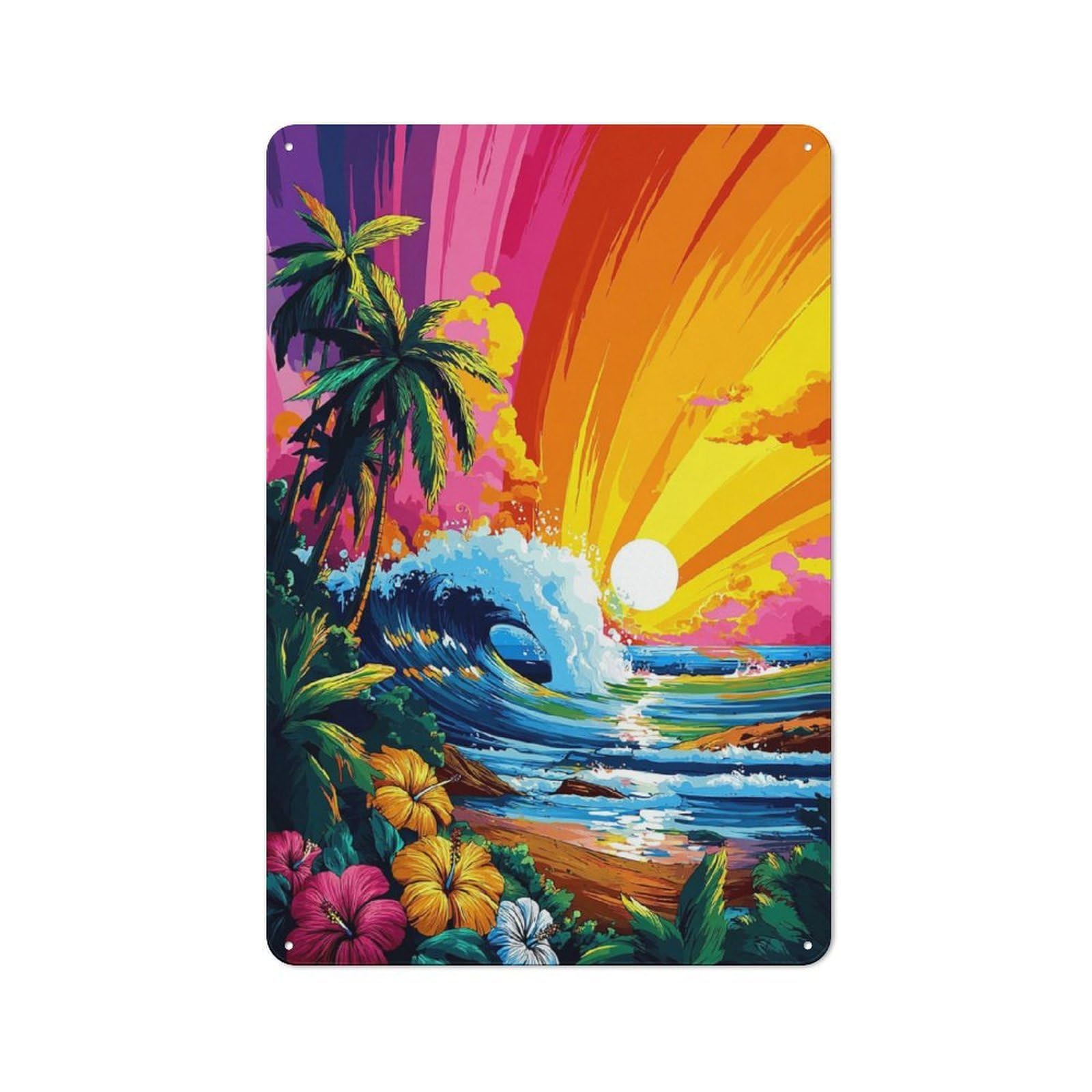 Classic Metal Plaque 30x20cm Featuring Sunset Beach Paradise, Bistro Wall Plaque for Kitchen, Cafe, Pantry Or Dining Room