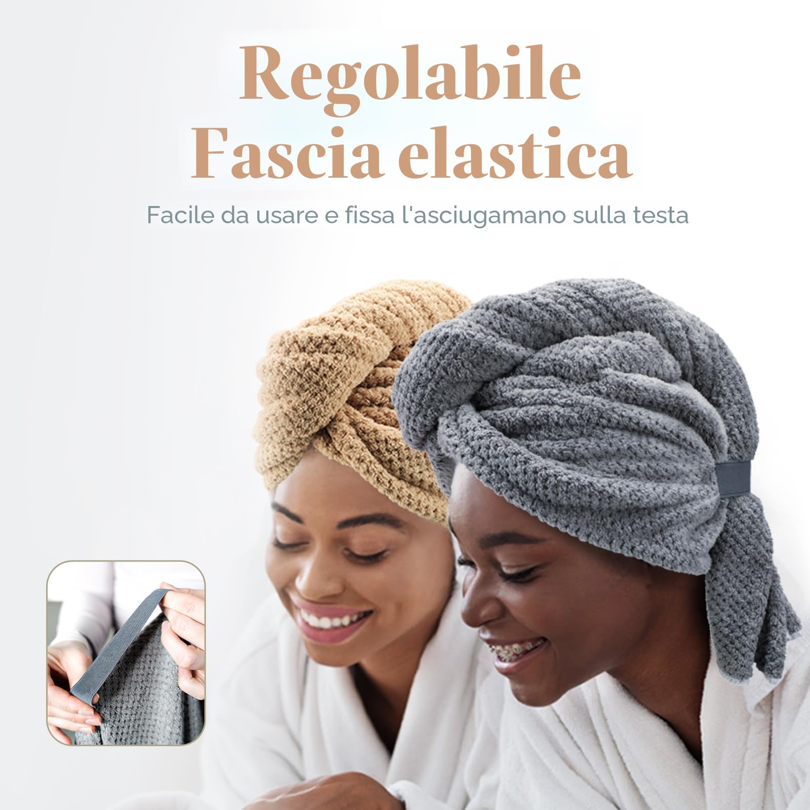 FREATECH 2-Pack Grande Asciugamano Capelli Microfibra 86 x 26 cm, Turbante Asciugacapelli per Capelli Lunghi Spessi Ricci, Super Assorbente Turbante per Capelli Anti-Crespo con Fascia Elastica
