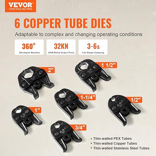 Miniatura 2 de VEVOR Herramienta de prensa profesional, herramienta de prensado de tubos eléctricos de 18 V para acero inoxidable de 12 a 2 pulgadas, cobre, tubos