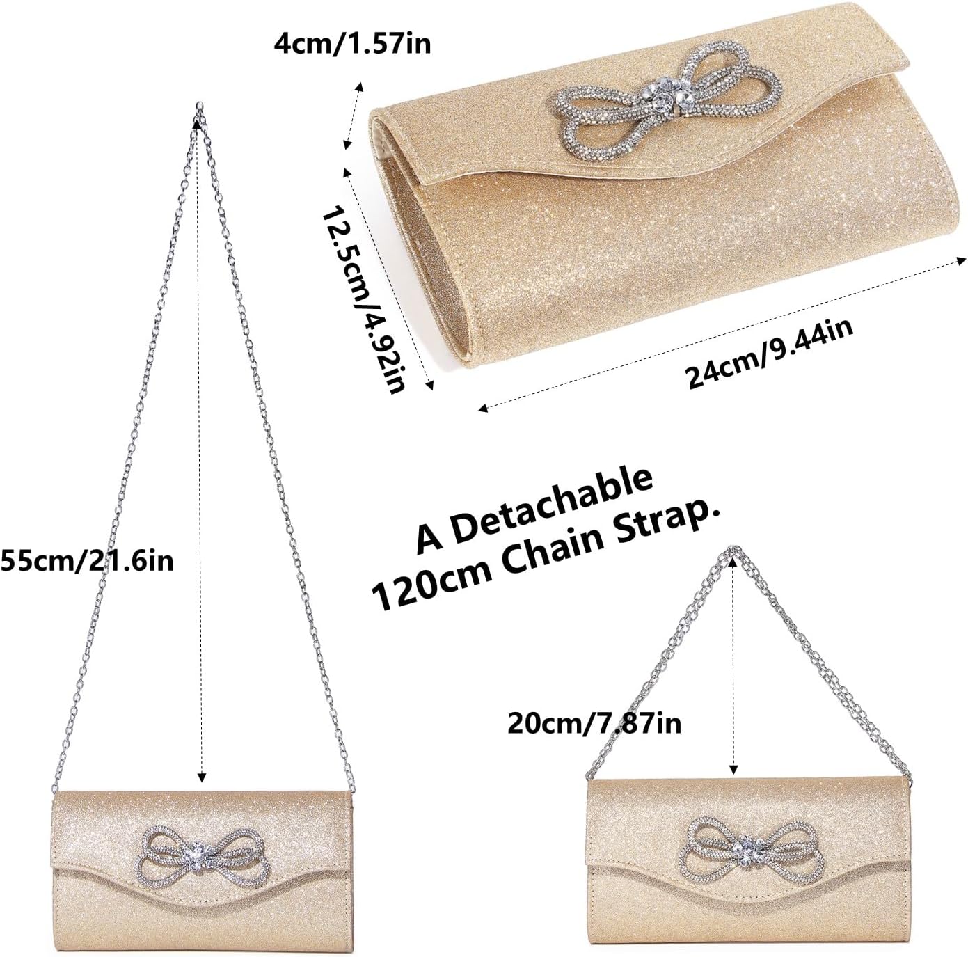 Gurina Evening Clutch Purses for Women Formal Party Clutch Bags Cocktail Prom Shoulder Handbags Shiny Crystal Bow Flap Purses - Image 6