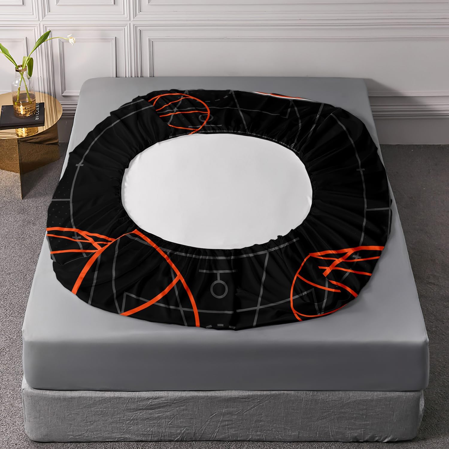 Basketball Court Print Twin Fitted Sheets Set for Boys,Ball Sports Games Bedding Set for Teens Kids Bedroom Decor,Orange Basketball Fitted Sheets Twin Size,1 Fitted Sheet+2 Pillowcases.
