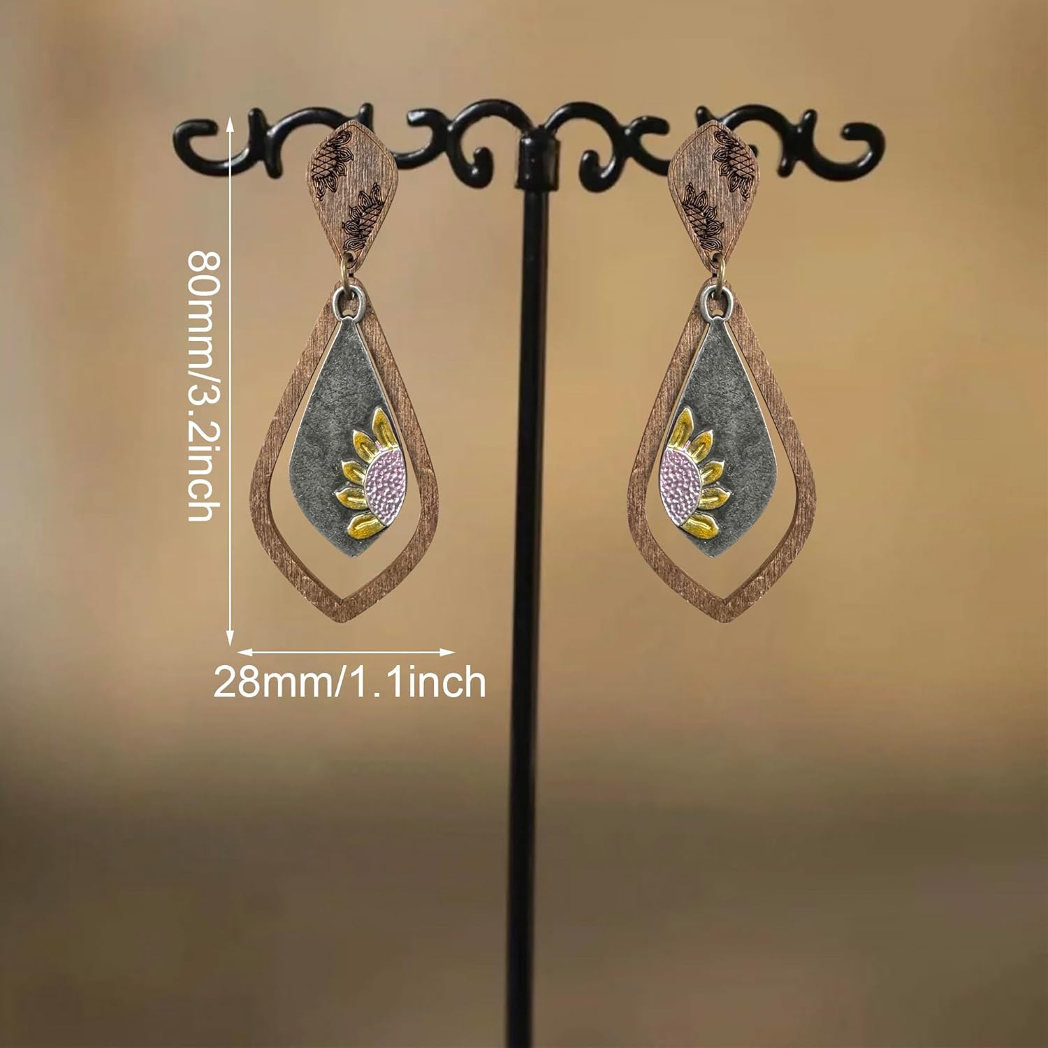 Bohemian Handmade Vintage Copper Wood Leaf Flower Geometry Dangle Drop Earrings Sunflower Stud Earrings For Women - Image 5