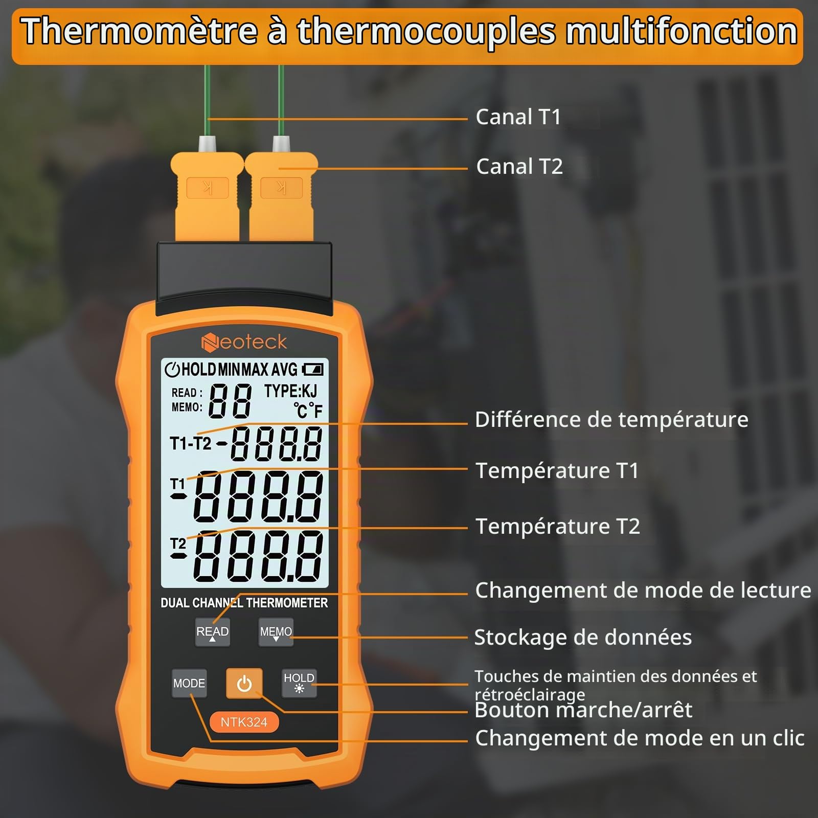 Neoteck Thermomètre Thermocouple Numérique Type K J 2 Canaux -50~1300℃ Haute Précision avec 4 Sondes et Stockage 99 Données, Écran LCD Rétroéclairé pour HVAC Industriel Laboratoire Four Réfrigérateur