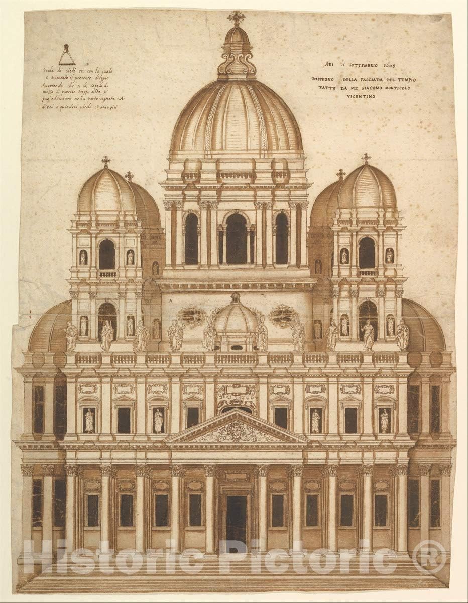 Historic Pictoric Art Print : Giacomo Monticolo of Vicenza - Unexecuted Design for The Façade of The Church of Santa Maria in Araceli in The City of Vicenza : Vintage Wall Décor : 24in x 32in