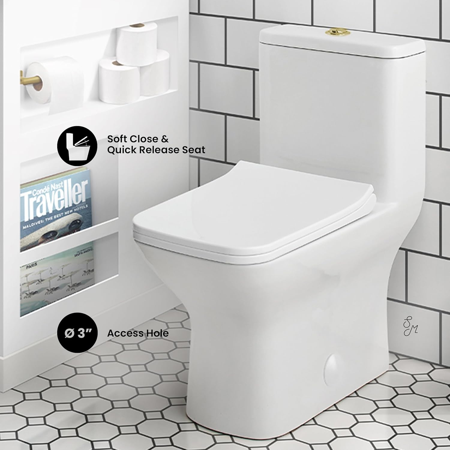 Carre One Piece Square Toilet Dual Flush, Brushed Gold Hardware 1.1/1.6 gpf