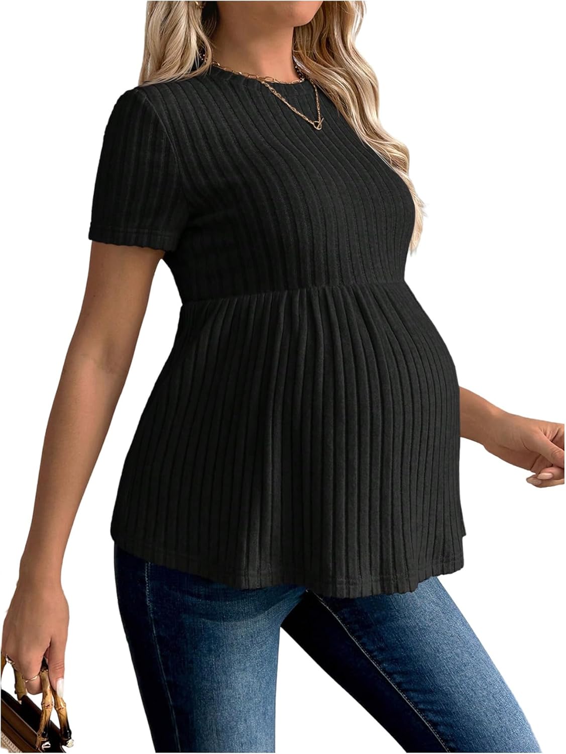 Women's Ruffle Hem Maternity T Shirt Short Sleeve Crewneck Ribbed Knit Peplum Tee Tops