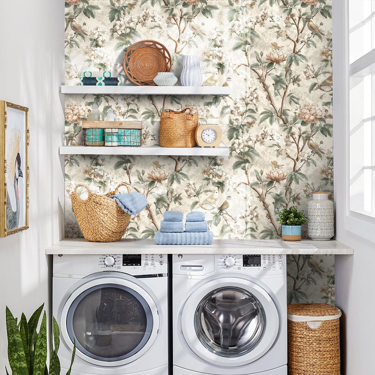 Nukofal Vintage Floral Peel and Stick Wallpaper Floral Bird Contact Paper 16.9inchx196.8inch Boho Bird Wallpaper Peel and Stick Self Adhesive Removable Wall Paper Waterproof for Bedroom Cabinet Decor