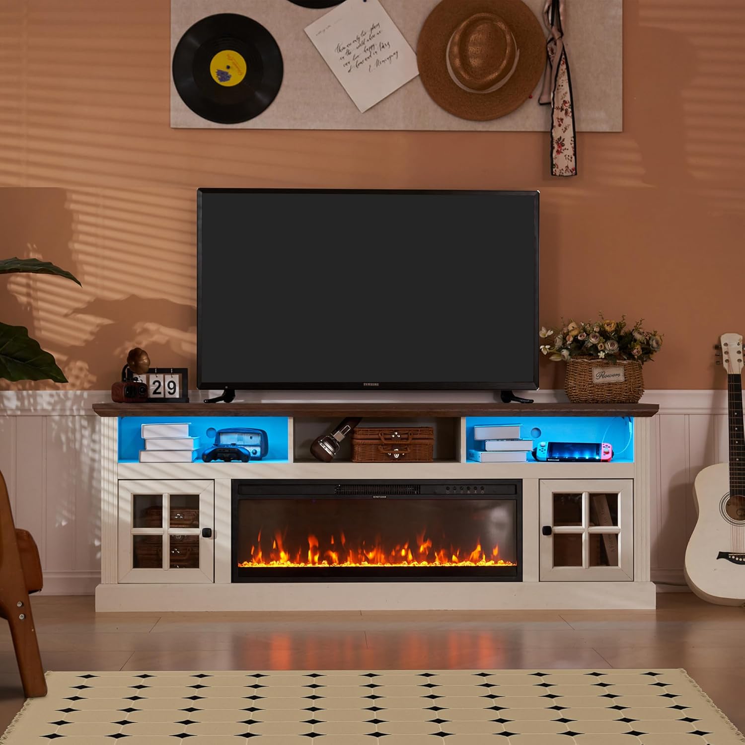 70" Fireplace TV Stand for TVs Up to 80" with Storage Cabinets, Entertainment Center with 36" Electric Fireplace, Led Light TV Consoles for Living Room, Farmhouse Media Console Table, Crystals