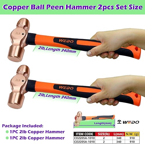 Miniatura 19 de WEDO Juego de martillo de bola de cobre de 3 piezas, 8 onzas + 12 onzas + 16 onzas (1/2 libra+3/4 lb+1 libra), martillo de bola con mango de madera