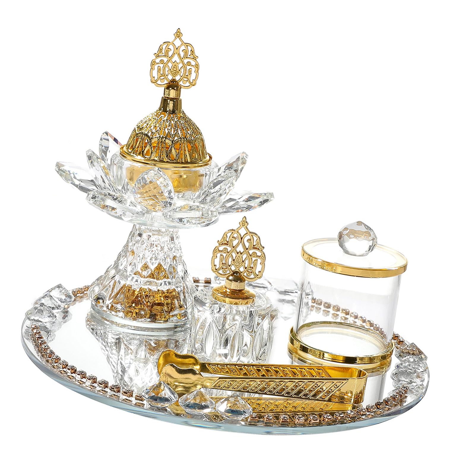 Tsophreniq Islamics Styles Incenses Burners Set Glass Flower Incenses Holder Mirrored Tray for Prayer Meditations Ramadans Ornament Arabic Styles Glass Burners Set