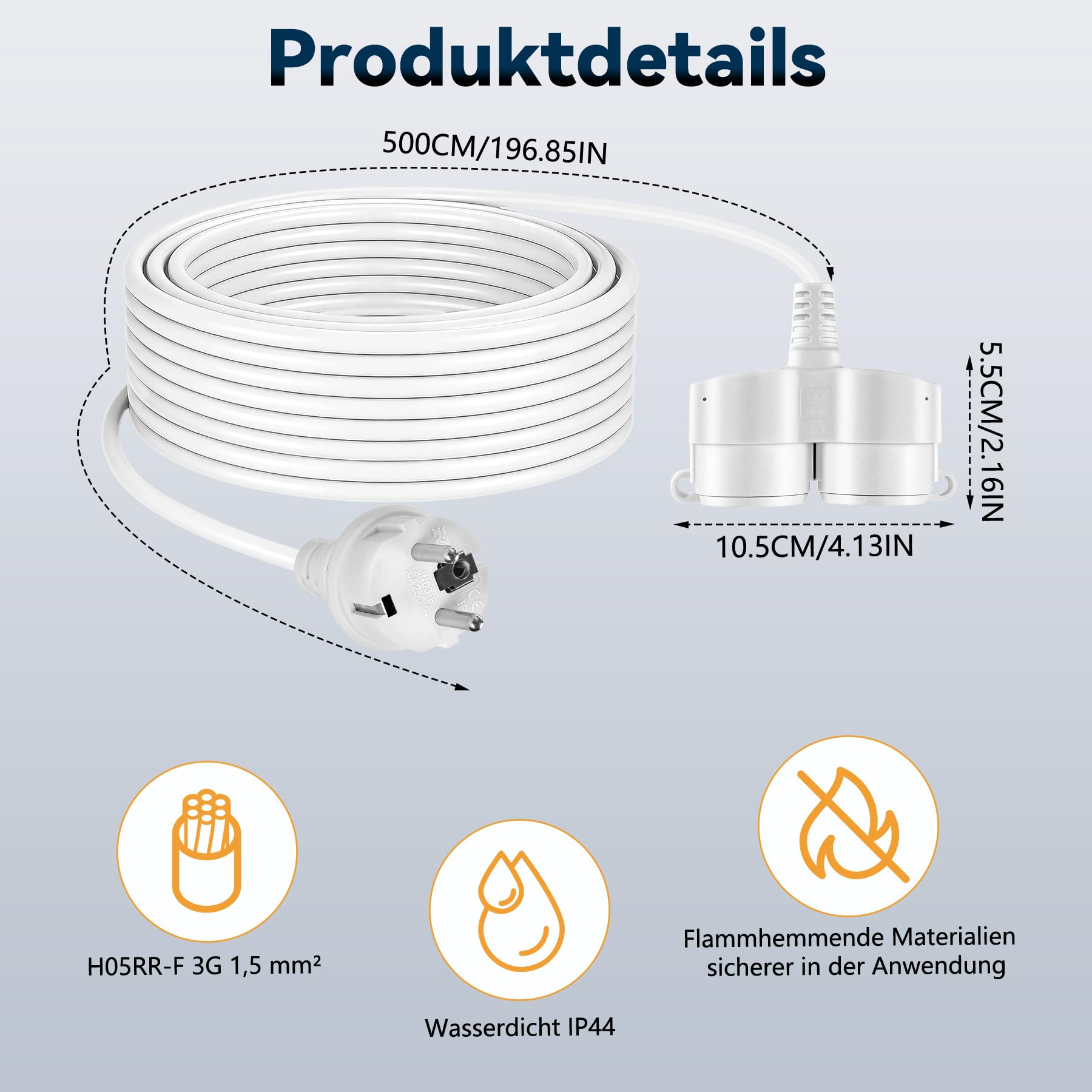 Rallonge électrique IP44 3500W 16A 250V 5m Blanc avec Prises et Couvercles Anti-poussière