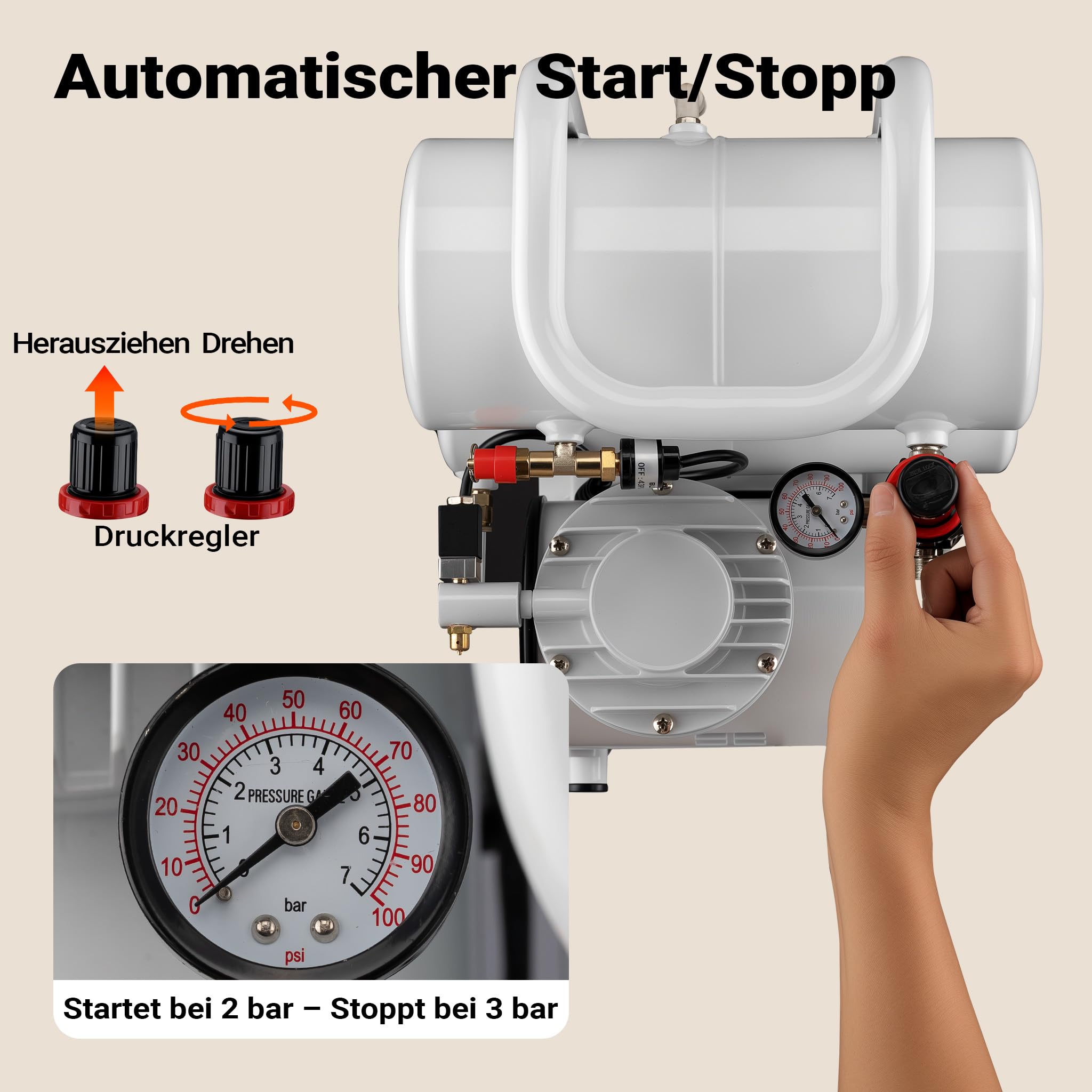 Wiltec Airbrush Kompressor AS06T 1/4 PS mit Zubehör, Kompressor für Airbrush-Pistole hohe Luftzufuhr 65-69 l/min, leistungsstarker Druckluftkompressor 3,2 bar, Luftkompressor für Airbrush-Design