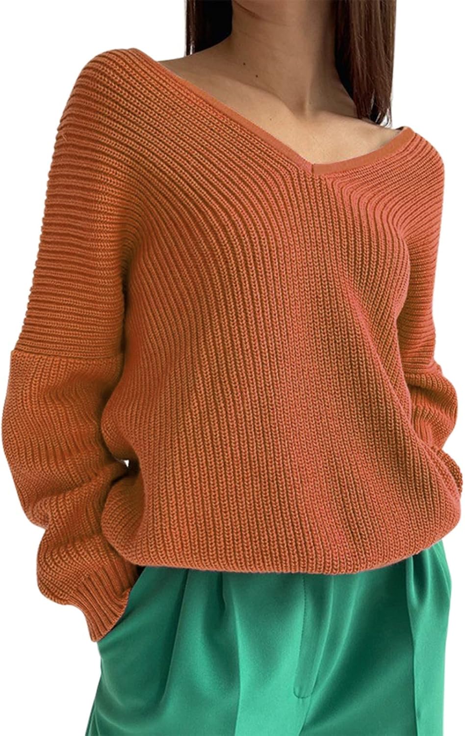 Heevina Sweaters for Women Knitted Knit V Neck One Shoulder Solid Color Loose Fit Long Sleeve Base Cozy Jumpers Top