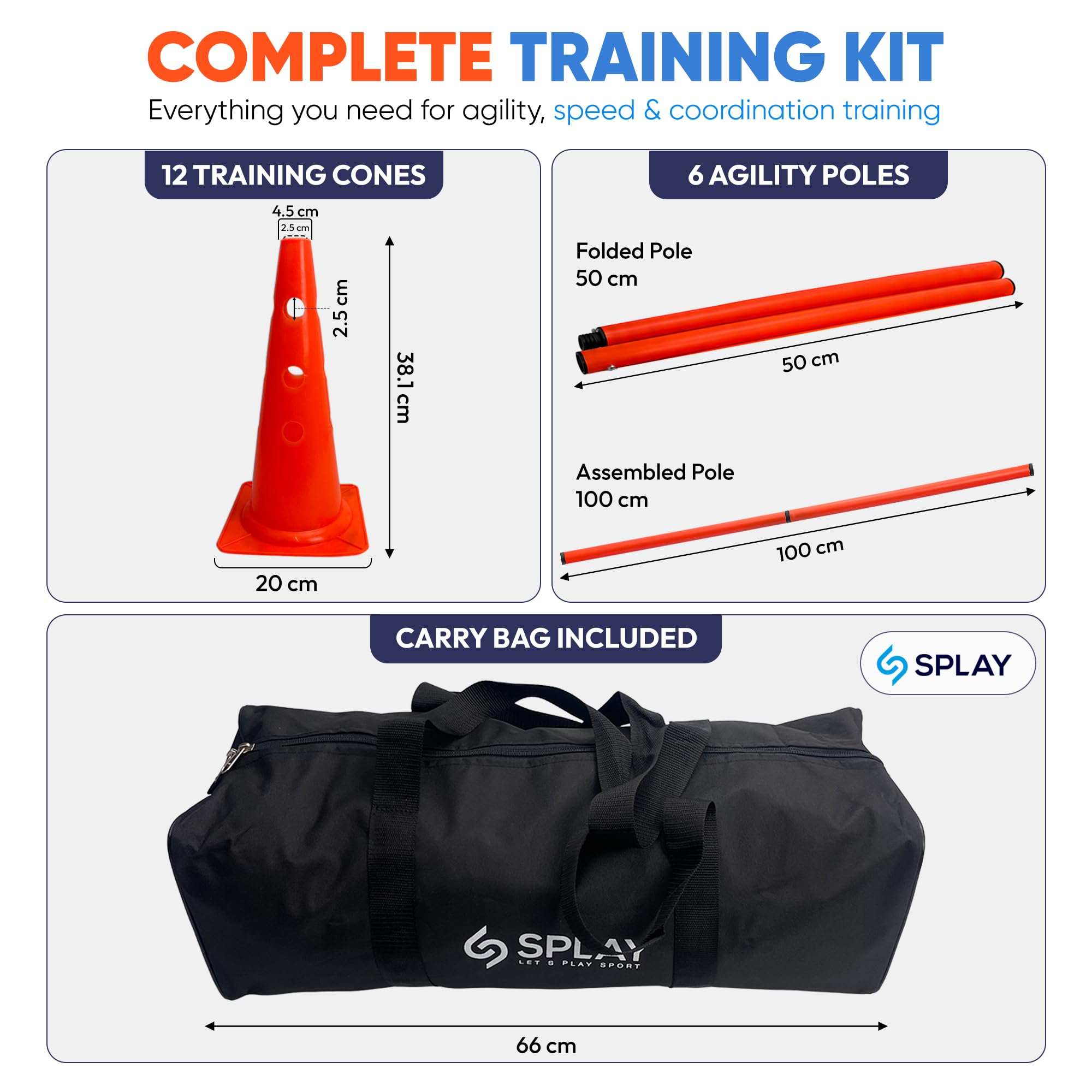 Splay Club Training Hurdle Kit w/Carry Bag | Multi-Sport Plastic Cones for Field Practice, Fitness Training, Agility Set, | 12 Cones (15 Inch) | Adjustable 6 Poles Orange Color (1 Meter)