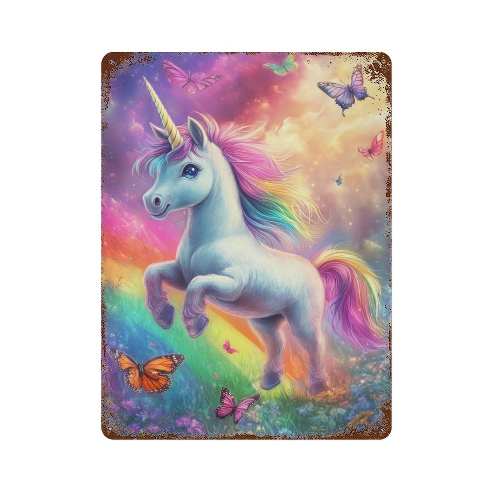 Garage Style Rainbow Unicorn with Butterflies Aged Metal Wall Plaque 15.7"x11.8", Farmhouse Wall Decor for Bar And Workshop
