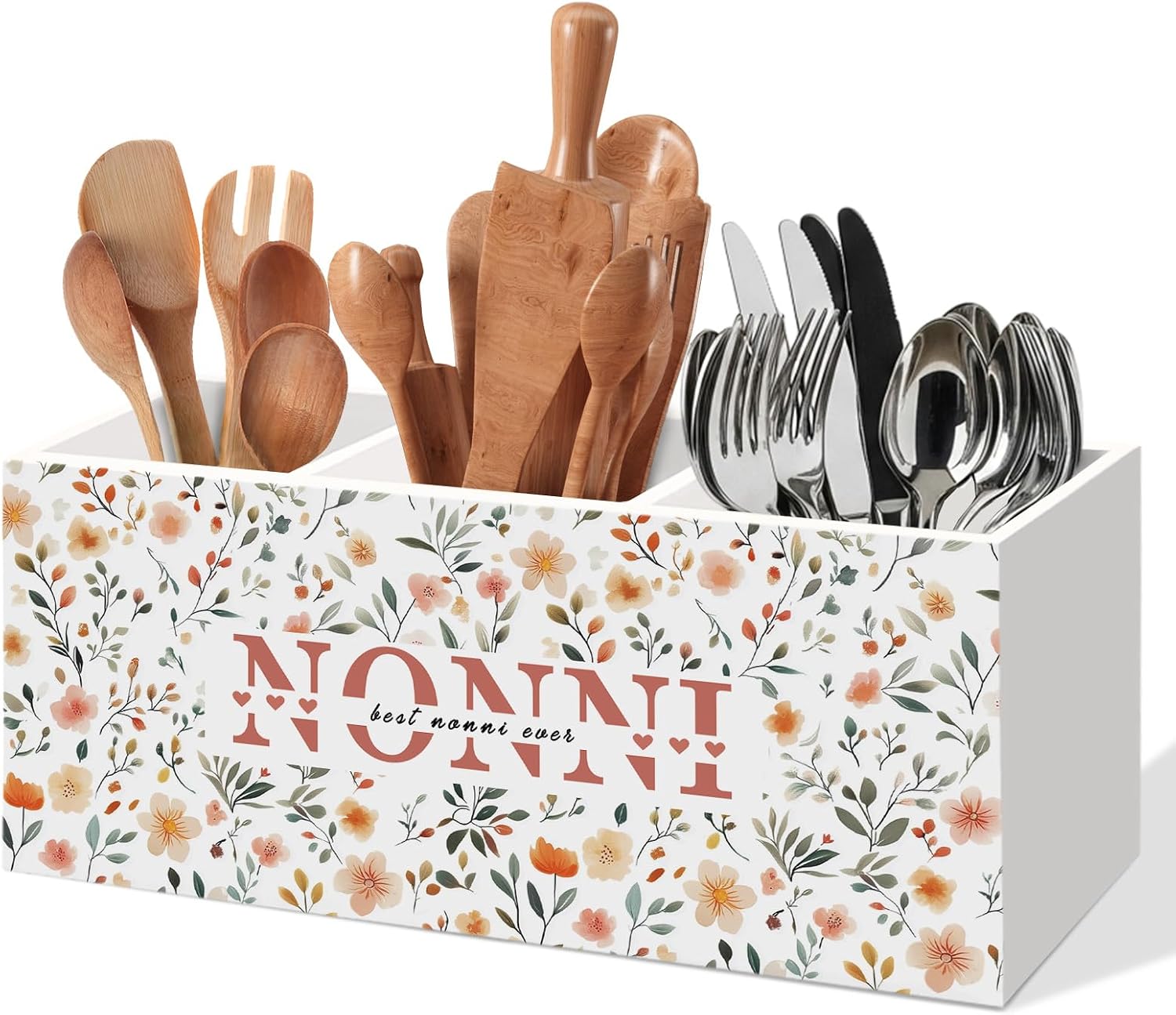 Best Nonni Ever Gifts Kitchen Utensil Holder, Mothers Day Birthday Gift for Grandma from Grandkids, Grandma Gifts for Mimi Nana, Nonni Gift Floral Wooden Cooking Utensil Holder